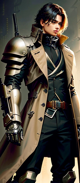 Alpha style mechanical armor holding a machine gun and wearing a trench coat, a realistic style masterpiece