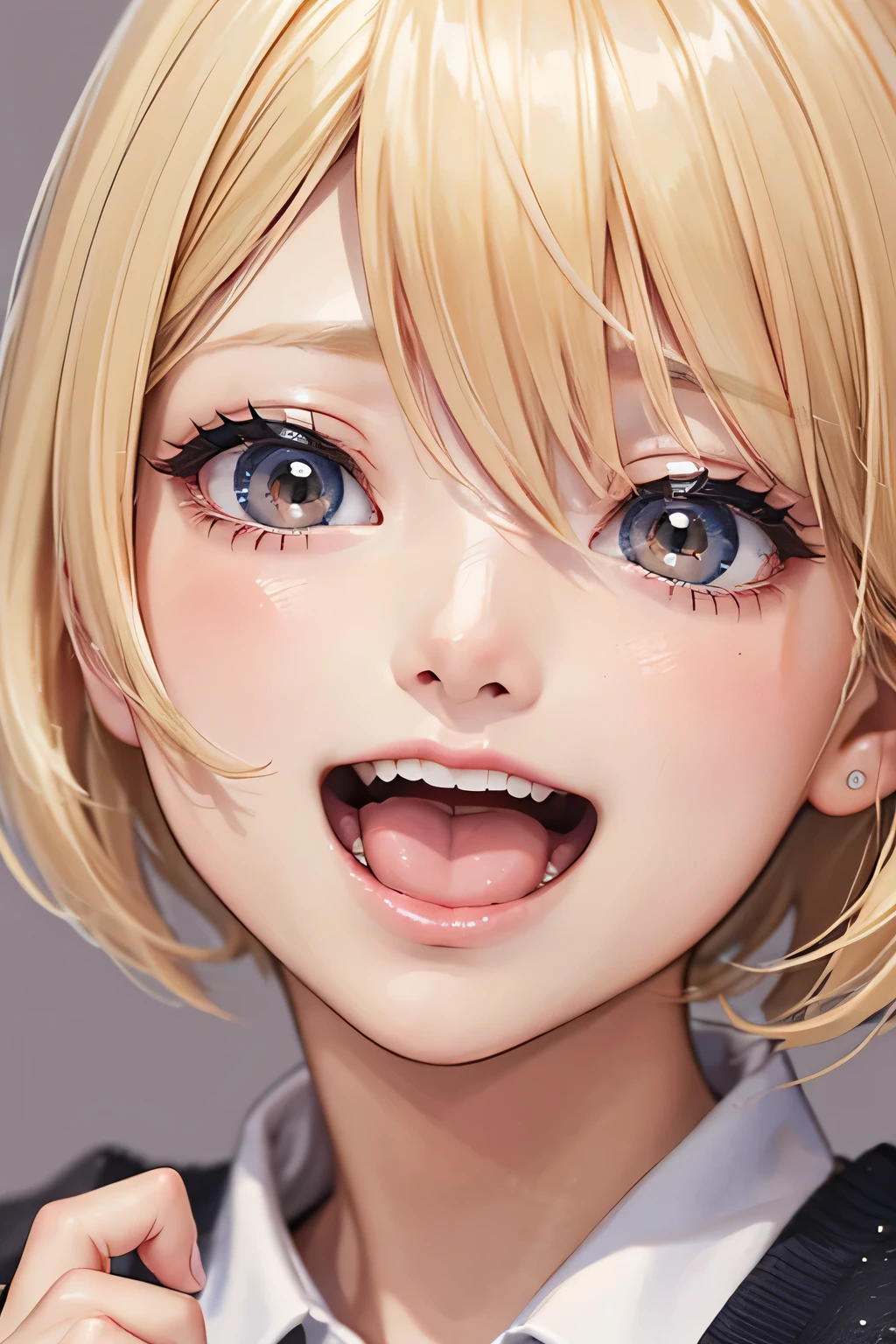 blonde、short hair、girl1、close up of face、Open your mouth and start laughing