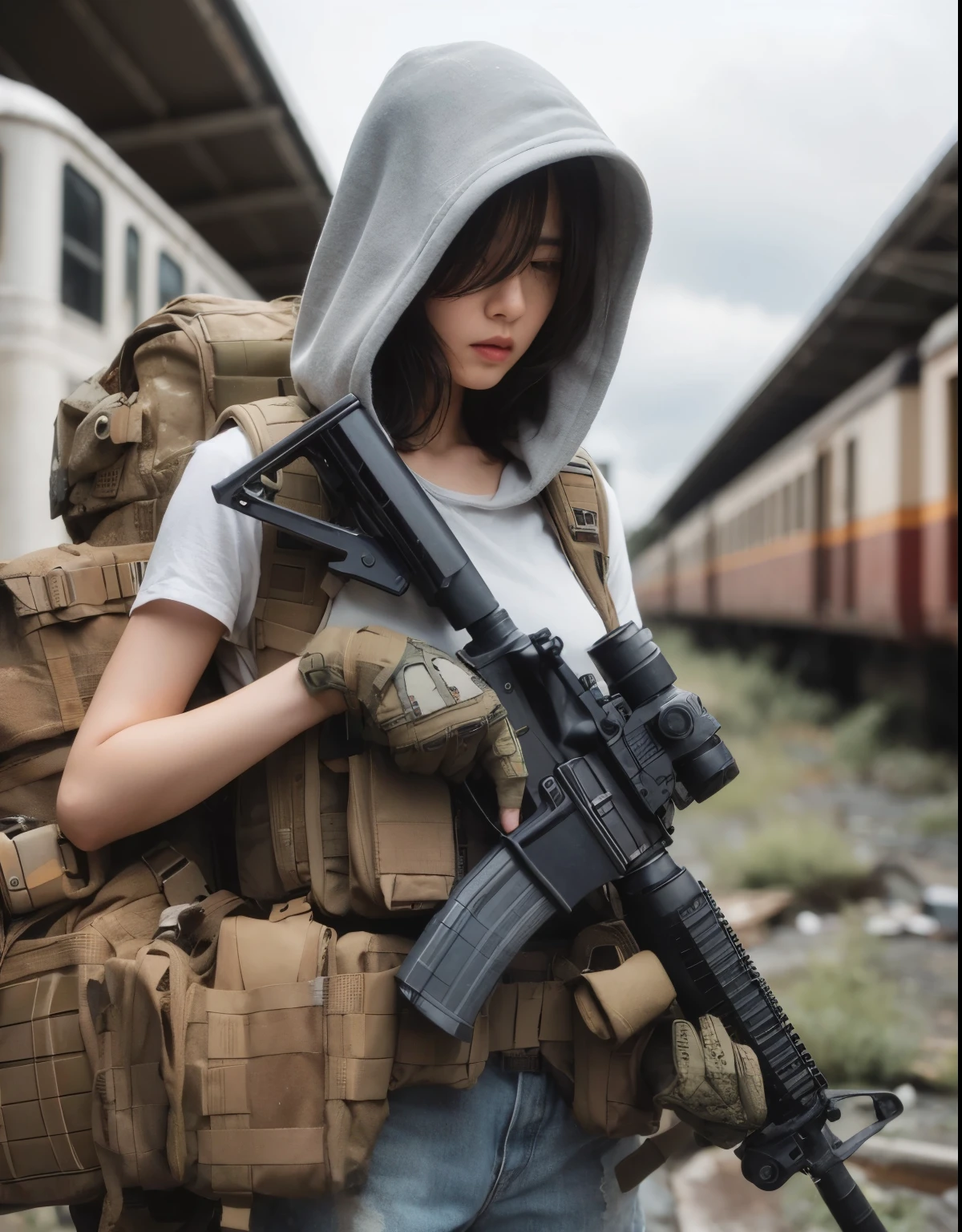 Arafed woman with a gun and a backpack standing in front of a train ...