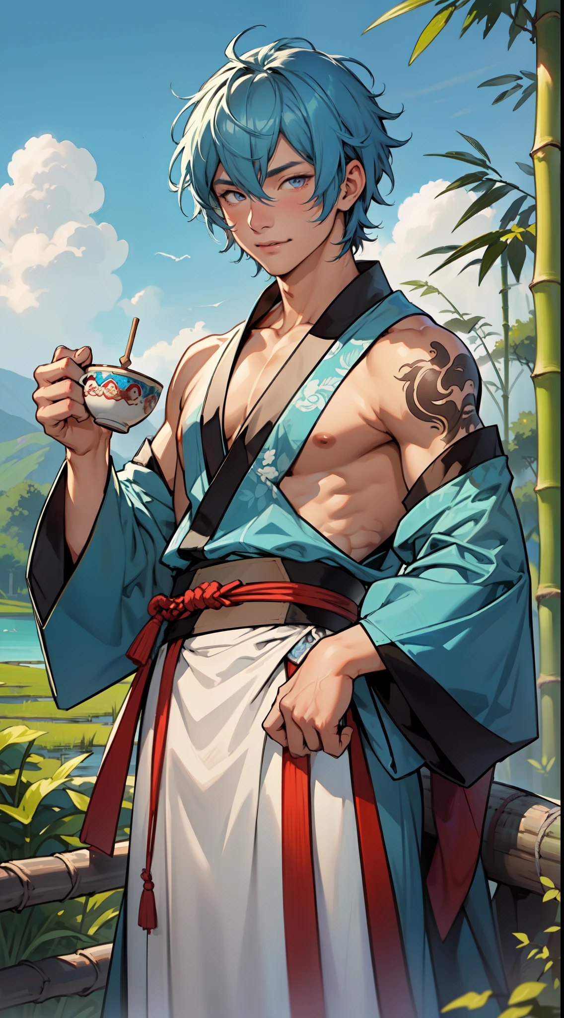Masterpiece, best quality, official art, 8k wallpaper, very detailed, illustration, (1 boy), ((male)), mature, chinese style, ink, sky blue hair, short hair, detailed eyes, forrest fun, bare shoulders, hanfu, lake, pure, soft smile, bamboo, tea