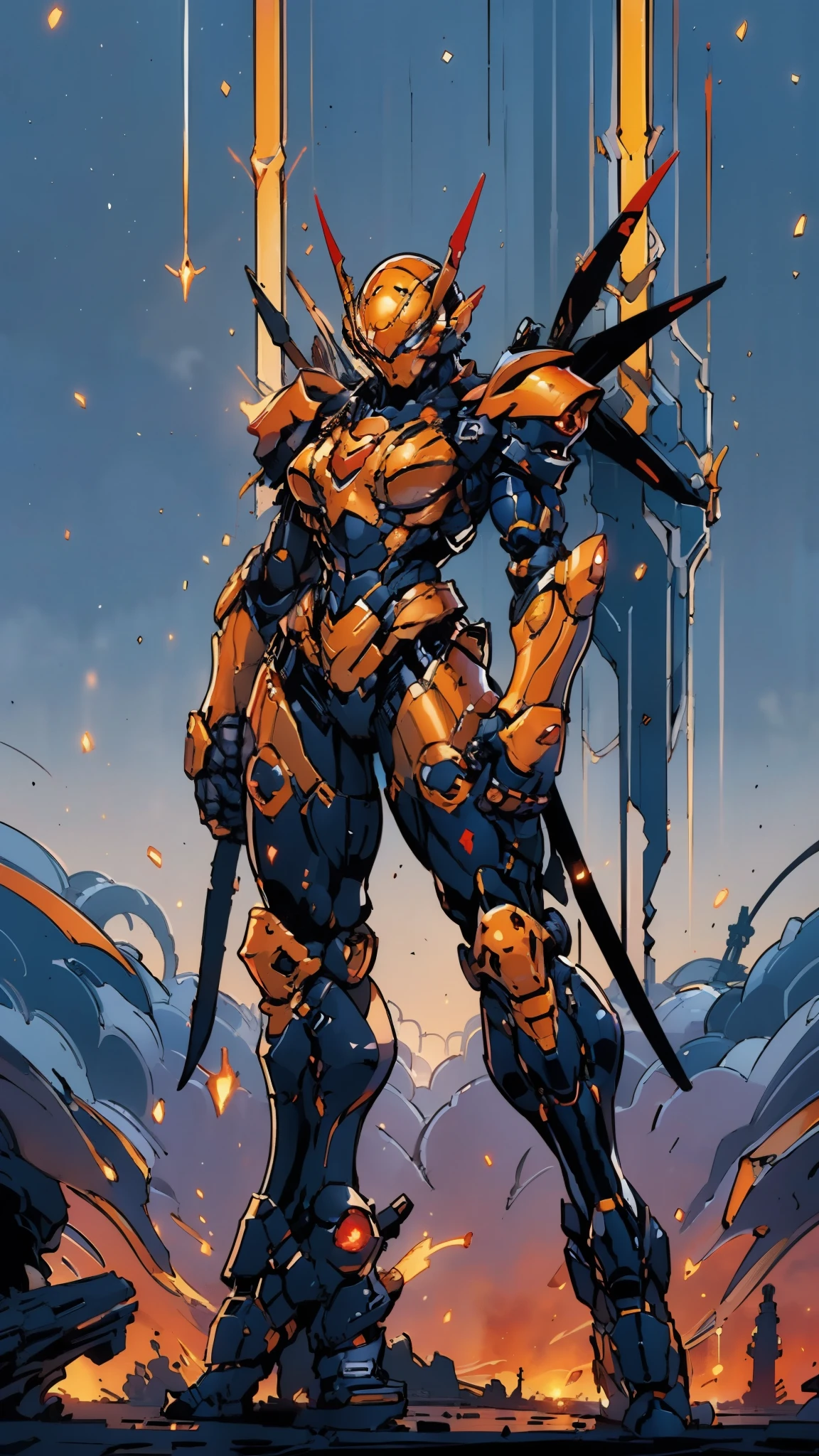 A woman adorned in fantasy-style full-body armor, a crown-concept fully enclosed helmet that unveils only her eyes, a composite layered chest plate, fully encompassing shoulder and hand guards, a lightweight waist armor, form-fitting shin guards, the overall design is heavy-duty yet flexible, ((the armor gleams with a golden glow, complemented by red and blue accents)), exhibiting a noble aura, she floats above a fantasy-surreal high-tech city, this character embodies a finely crafted fantasy-surreal style armored hero in anime style, exquisite and mature manga art style, (Queen bee mixed with Spider concept Armor, plasma, blood), ((Element, energy, elegant, goddess, femminine:1.5)), metallic, high definition, best quality, highres, ultra-detailed, ultra-fine painting, extremely delicate, professional, anatomically correct, symmetrical face, extremely detailed eyes and face, high quality eyes, creativity, RAW photo, UHD, 32k, Natural light, cinematic lighting, masterpiece-anatomy-perfect, masterpiece:1.5