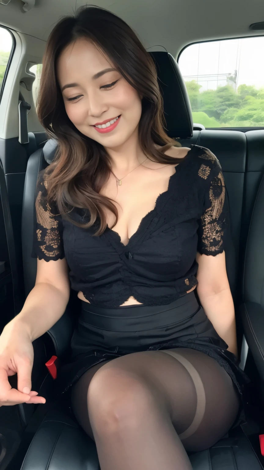 ((highest quality、8k、masterpiece:1.3))、sharp focus, High level image quality, High resolution, portrait, alone, Japanese, middle-aged women, beautiful woman, 48 years old, wavy hair, Clothes that show cleavage, mini skirt, (black pantyhose), (cross your legs:1.3)、(lift up the skirt:1.3), (Close ~ eyes:1.3), wrinkles around the eyes, bewitching look, car passenger seat, summer clothes、fascinating look、smile, mouth is open、looking at camera、