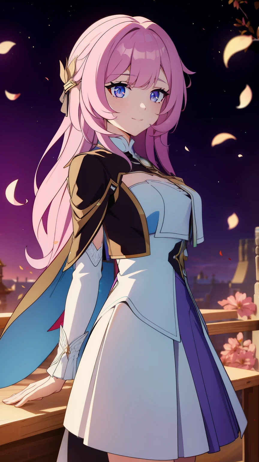 (high-quality, breathtaking),(expressive eyes, perfect face) portrait, 1girl, female, solo, young , black hair, pink eye color, long hair length, soft wavy hair, gentle smile, loose hair, side bangs, looking at viewer, portrait, happy expression, ribbon in hair, flower in hair, fantasy clothing, elegant, mature, height 4"3, adventurer attire, warlock attire, warlock profession, short height, Dungeons & Dragons character, cloak, shirt, Firefly Honkai Star Rail Character, flower petals