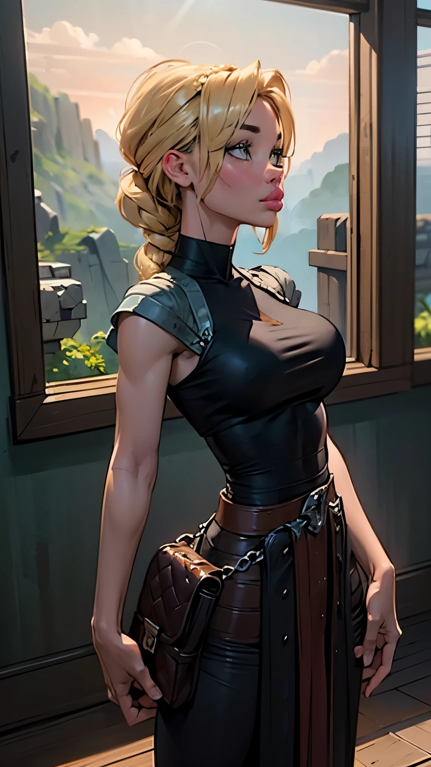 ((cinematic lighting)),（melancholic:1.4），Super rich detail，（stereoscopic perspective：1.4），(flat breasts:1.2), Works of masters，super-fine，4K resolution，high qulity，movie lighting，High picture detail，Detailed pubic hair，Epic scenery，Clearly focused hair，((long braided ponytail)), Detailed hair depiction，acurate