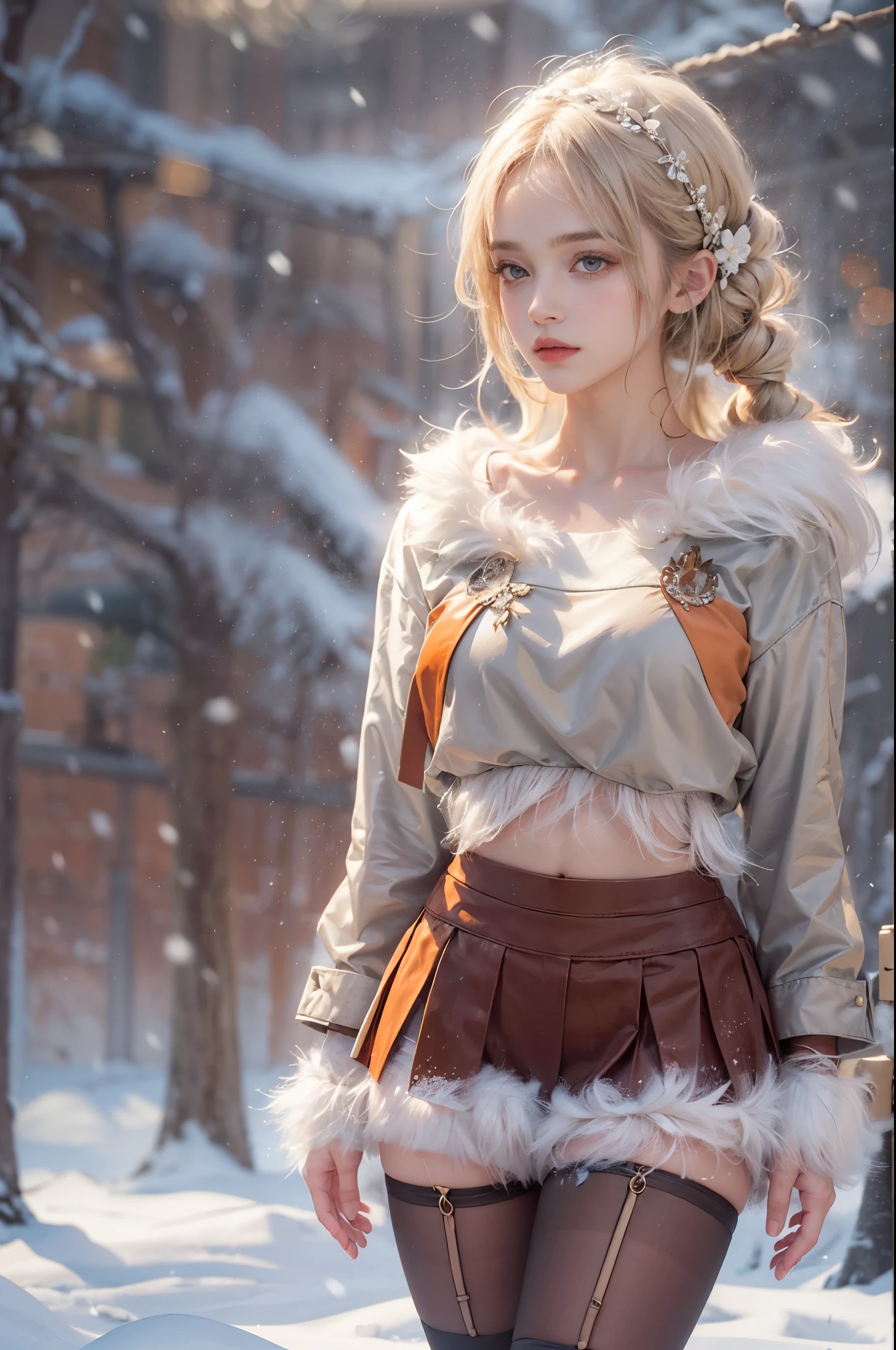 masterpiece, best quality, high quality, High definition, High quality texture, High quality shadow, high detail, beautiful detailed, finely detailed, extremely detailed cg, detailed texture, a realistic representation of the face, realistic, colorful, delicate, sharp focus, (intricate details, makeup, PureErosFace_V1:0.5), (detailed beautiful delicate face, detailed beautiful delicate eyes, a face of perfect proportion, high detailed skin, detailed skin, best ratio four finger and one thumb, skiny and thin:1.3), 1girl, 17 years old, tall, (smooth_abs:1.55), (abs:0.5), pretty, masterpiece, highres, (long_skinny_legs), (straight_legs), (skinny_waist), (((fair skin))), white skin, (((pale skin))), (Emma_watson), big_breast, (((Caucasian))), (((European))), Light blonde hair, orange Bandeau, orange short pleated skirt, standing legs apart, looking at viewer, full body, portrait of cute blonde girl, (outside,Heavy snowfall, Cover with snow), ((crop top)), showing abdomen, showing abs, ((stockings, thigh high socks)), snowfield, bloom, white fog, motion, wispy hair, realism, high-quality rendering, stunning art, high quality, film grain, Fujifilm XT3, dreamy