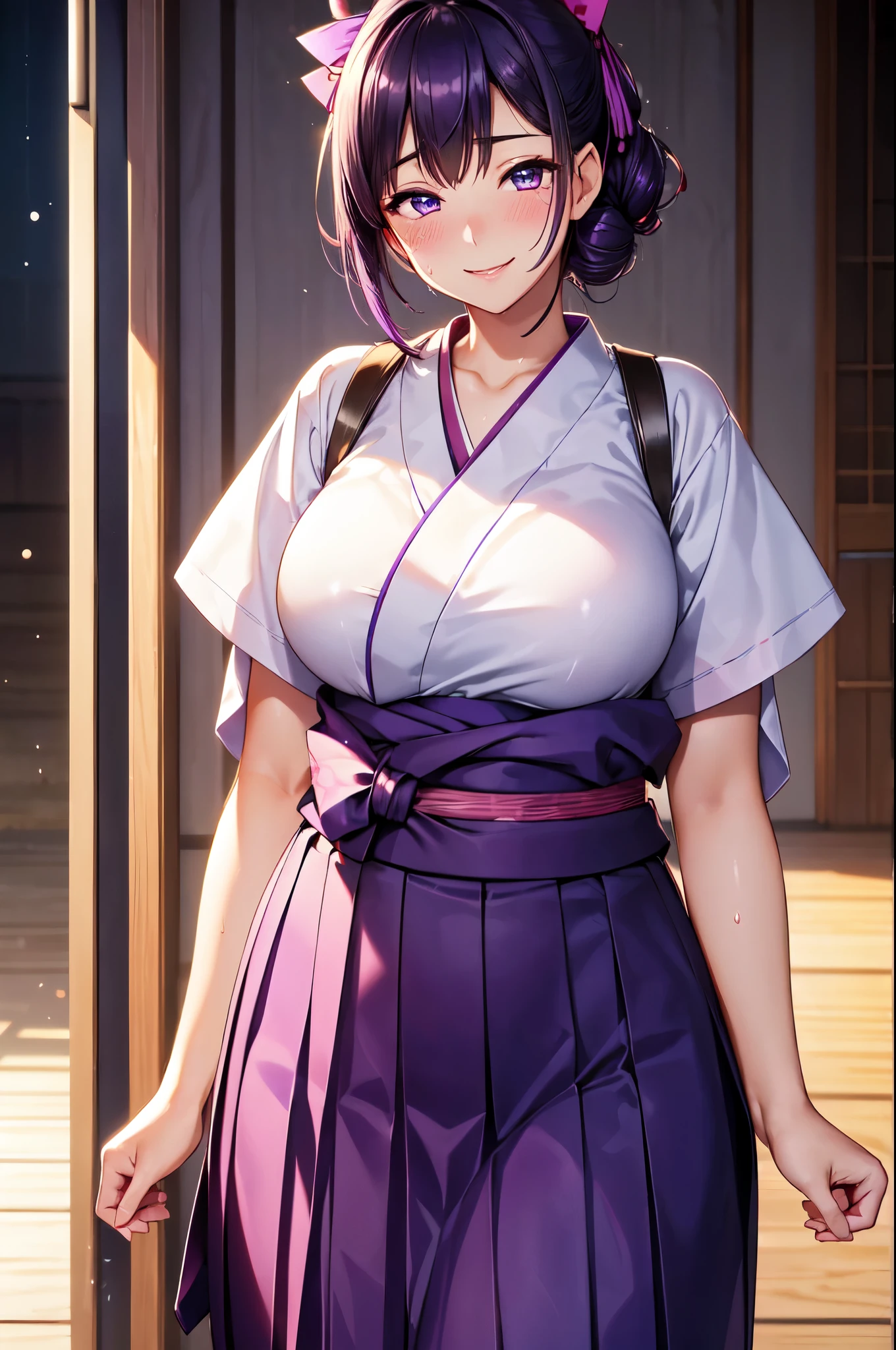 (High quality, High resolution, Fine details), (Hakama), (gradation pattern:1.2), Purple Skirt, solo, curvy women, sparkling eyes, (Detailed eyes:1.2), smile, blush, Sweat, Oily skin, shallow depth of field
