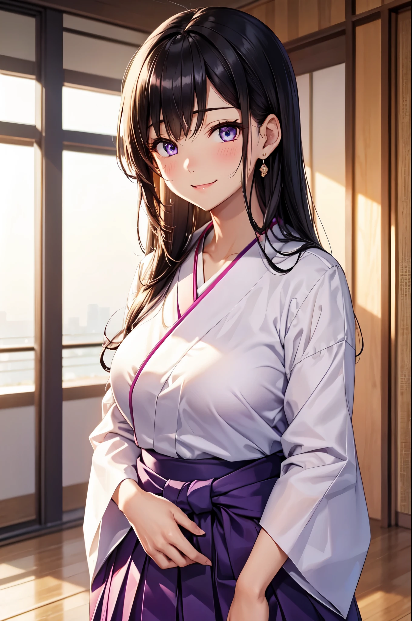 (High quality, High resolution, Fine details), (Hakama), (gradation pattern:1.2), BREAK Purple Skirt, solo, curvy women, BREAK black hair, sparkling eyes, (Detailed eyes:1.2), smile, blush, Sweat, Oily skin, shallow depth of field