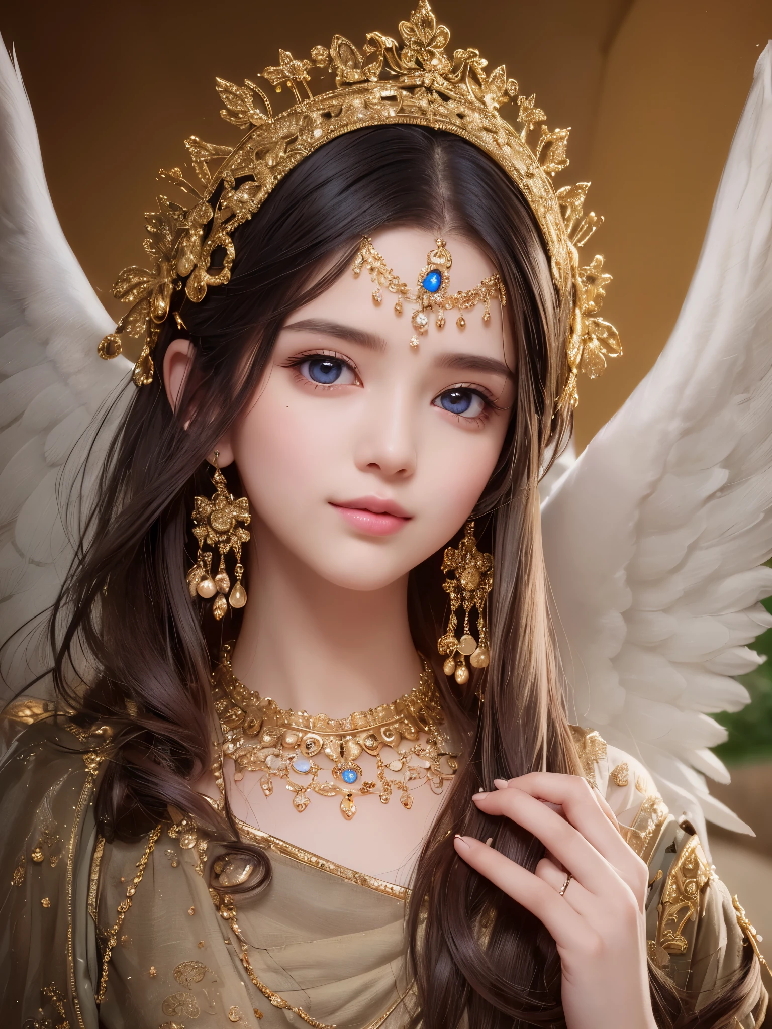 ((highest quality)),(ultra high resolution),(Super detailed),(detailed description),((best CG)),(best work of art),super precision art,amazing drawing art,(Art with precise details:1.5), The face of an angel descending from heaven is full of smiles, giving peace to those who see it.。