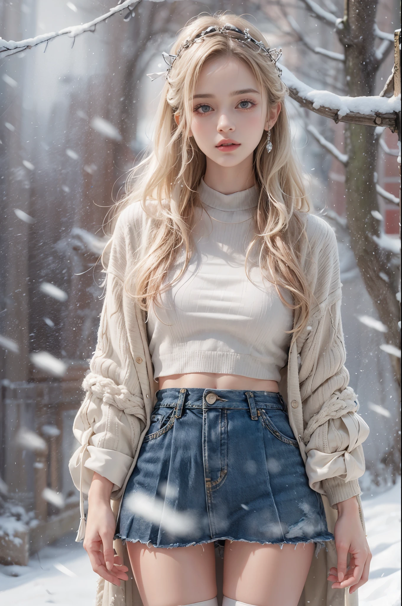 masterpiece, best quality, high quality, High definition, High quality texture, High quality shadow, high detail, beautiful detailed, finely detailed, extremely detailed cg, detailed texture, a realistic representation of the face, realistic, colorful, delicate, sharp focus, (intricate details, makeup, PureErosFace_V1:0.5), (detailed beautiful delicate face, detailed beautiful delicate eyes, a face of perfect proportion, high detailed skin, detailed skin, best ratio four finger and one thumb, skiny and thin:1.3), 1girl, 17 years old, tall, (smooth_abs:1.55), (abs:0.5), pretty, masterpiece, highres, (long_skinny_legs), (straight_legs), (skinny_waist), (((fair skin))), white skin, (((pale skin))), (Emma_watson), big_breast, (((Caucasian))), (((European))), Light blonde hair, orange Bandeau, orange short pleated skirt, standing legs apart, looking at viewer, full body, portrait of cute blonde girl, (outside,Heavy snowfall, Cover with snow), ((crop top)), showing abdomen, showing abs, ((stockings, thigh high socks)), snowfield, bloom, white fog, motion, wispy hair, realism, high-quality rendering, stunning art, high quality, film grain, Fujifilm XT3, dreamy