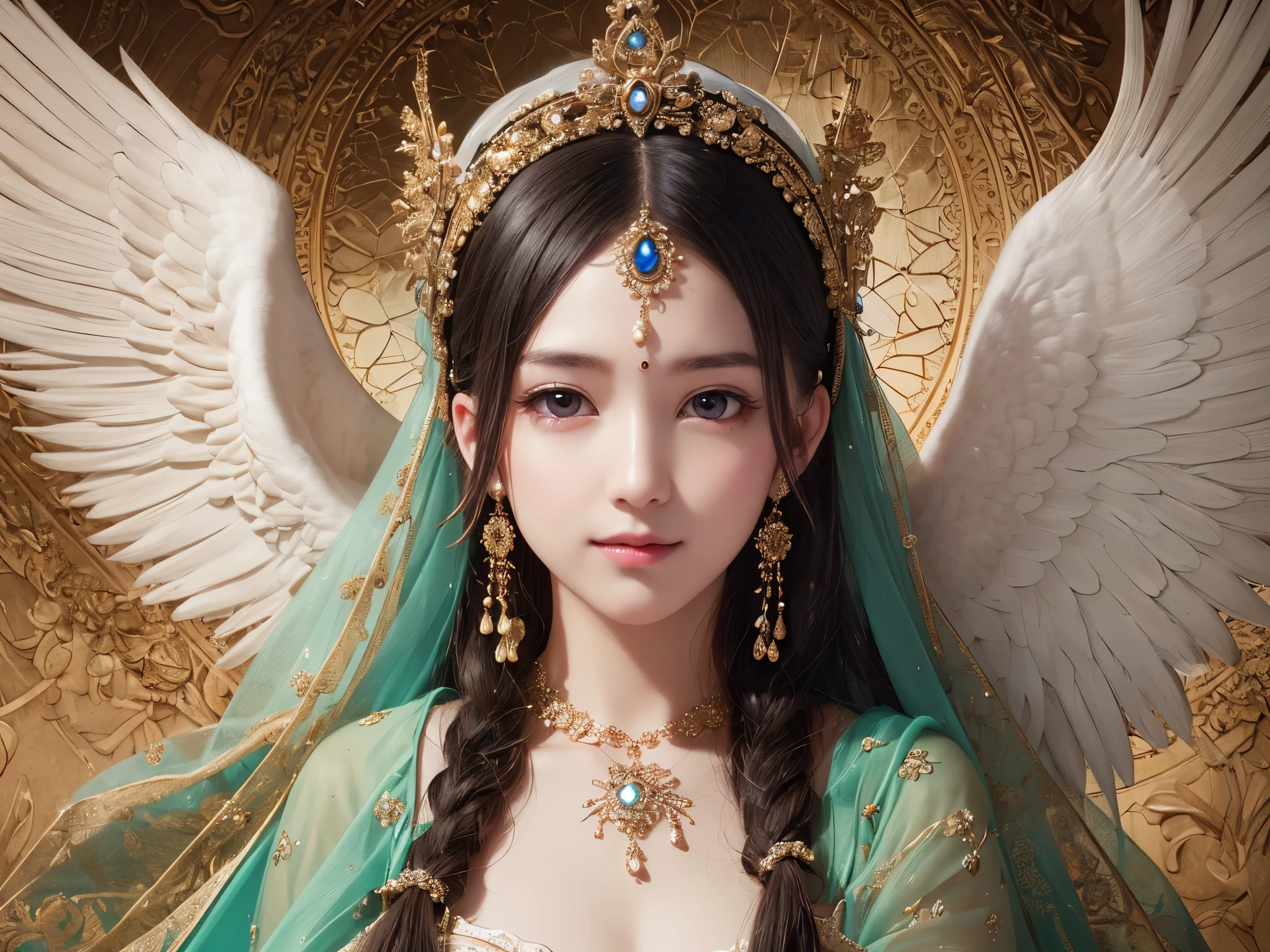 ((highest quality)),(ultra high resolution),(Super detailed),(detailed description),((best CG)),(best work of art),super precision art,amazing drawing art,(Art with precise details:1.5), The face of an angel descending from heaven is full of smiles, giving peace to those who see it.。