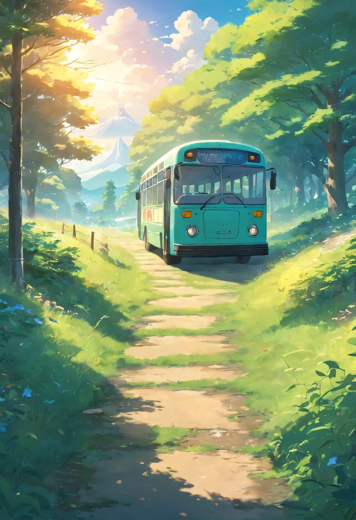 there is a 80's old bus that is going down in the field, anime countryside landscape, made of tree and fantasy valley, scenery art detailed, beautifull puffy clouds. anime, detailed scenery —width 672, anime landscape wallpaper, anime landscape, studio ghibli landscape, 4k highly detailed digital art, amazing wallpaper, ross tran. scenic background, dreamy landscape