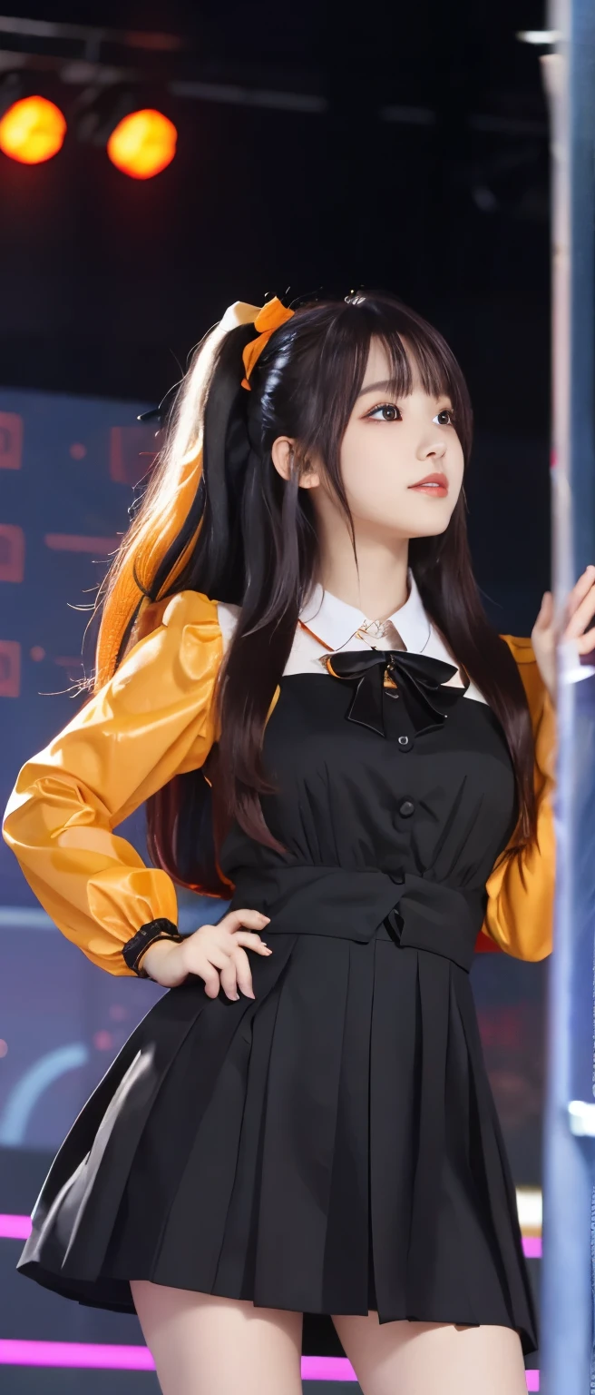 Gorgeous Idol、whole body、good style、、、、、black and orange shiny costume、colorful hair