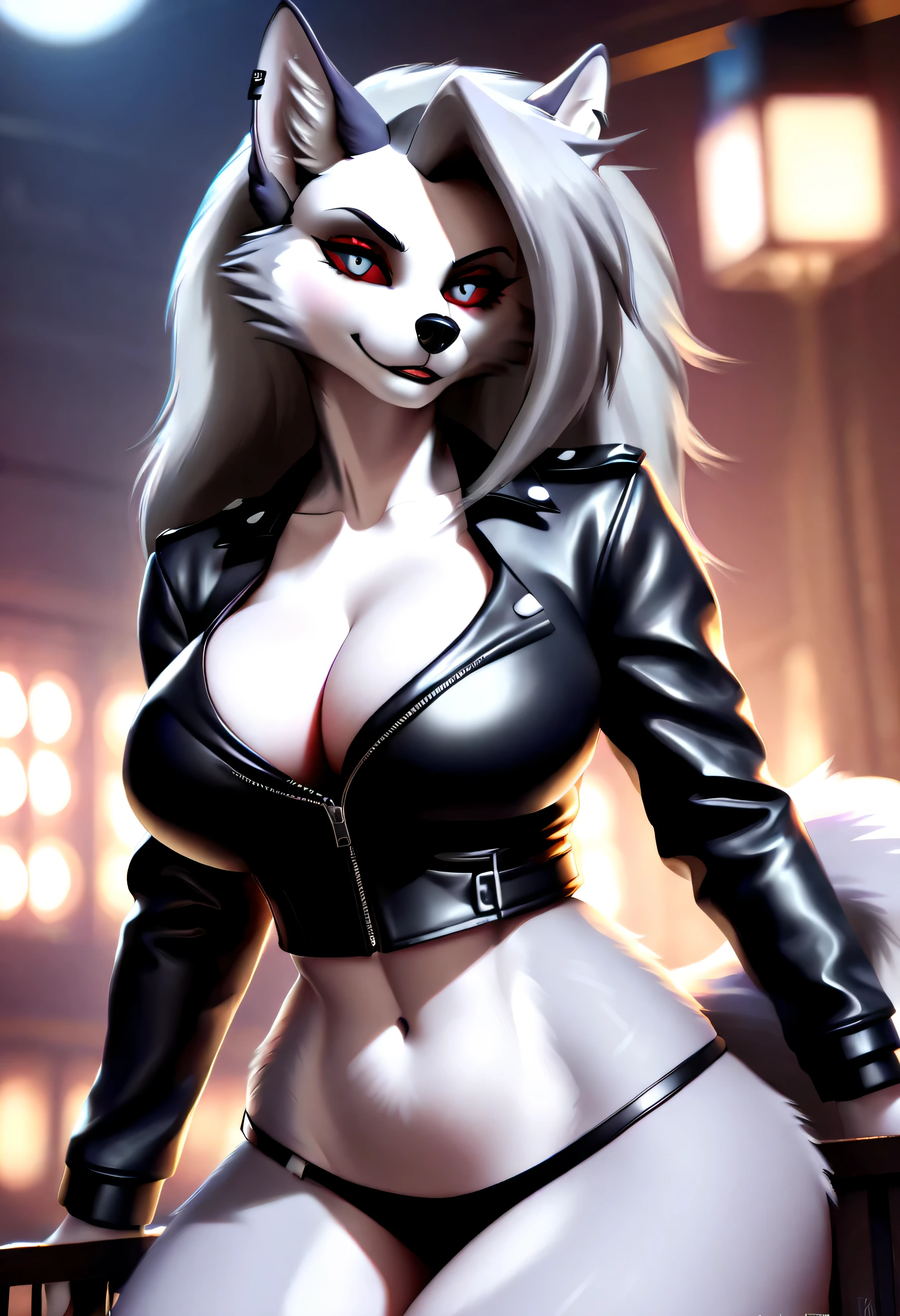 4k highly detailed realistic digital extremely high quality drawing, masterpiece, (by liveforthefunk), (uploaded on e621), (a three-quarters portrait of Loona from Helluva Boss), (wearing a leather jacket), (beautiful and detailed eyes: 1.1), anthro wolf, fur, seductive, sexy, voluptuous, curvy body, cinematic lighting, (f1.8 short focus bokeh)