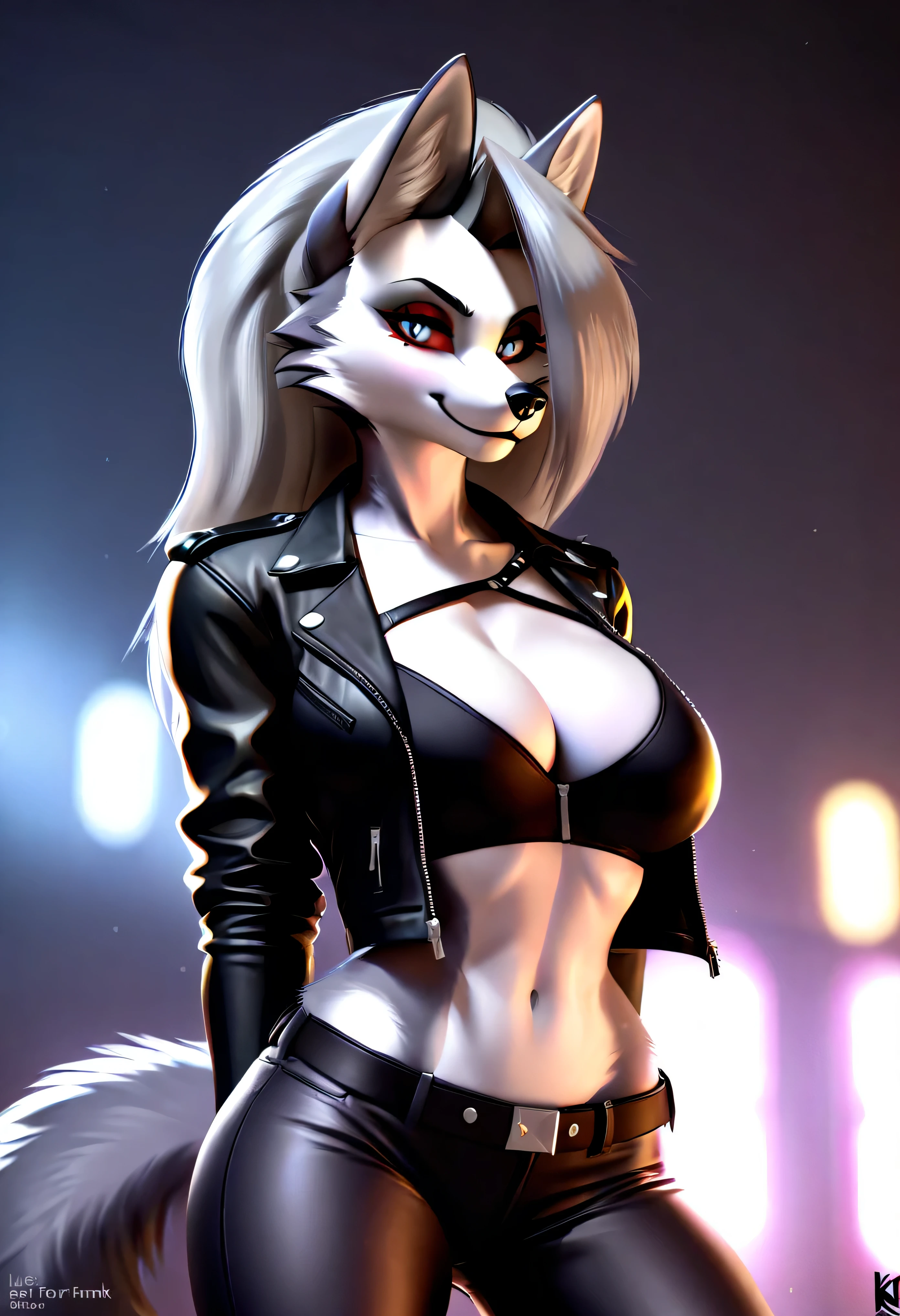 4k highly detailed realistic digital extremely high quality drawing, masterpiece, (by liveforthefunk), (uploaded on e621), (a three-quarters portrait of Loona from Helluva Boss), (wearing a leather jacket), (beautiful and detailed eyes: 1.1), anthro wolf, fur, seductive, sexy, voluptuous, curvy body, cinematic lighting, (f1.8 short focus bokeh)