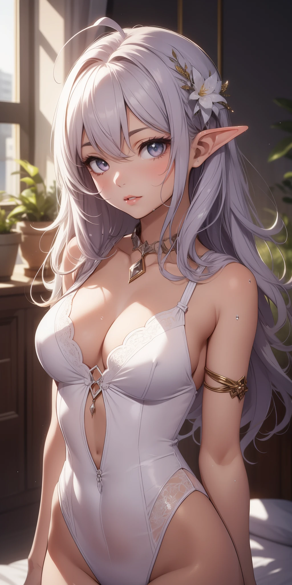 Race of elves, fille de style anime, mince, Mince, lying at the bed, corps entier, short golden hair, yeux bruns, slanted eyes, Cheveux entre les yeux, messy hair, antenna hair, doux et attrayant, bare shoulders, delicate and sexy collarbone, Photo demi-corps, Visage ovale attrayant, double eyelids, pink lips, petit nez, focused face, Gros plan du visage, ultra-high-definition, Ultra-detail, elegant standing posture, Fil humide translucide ultra-fin, wear a wet transparent white T-shir, Sparkly Skin, sueur,