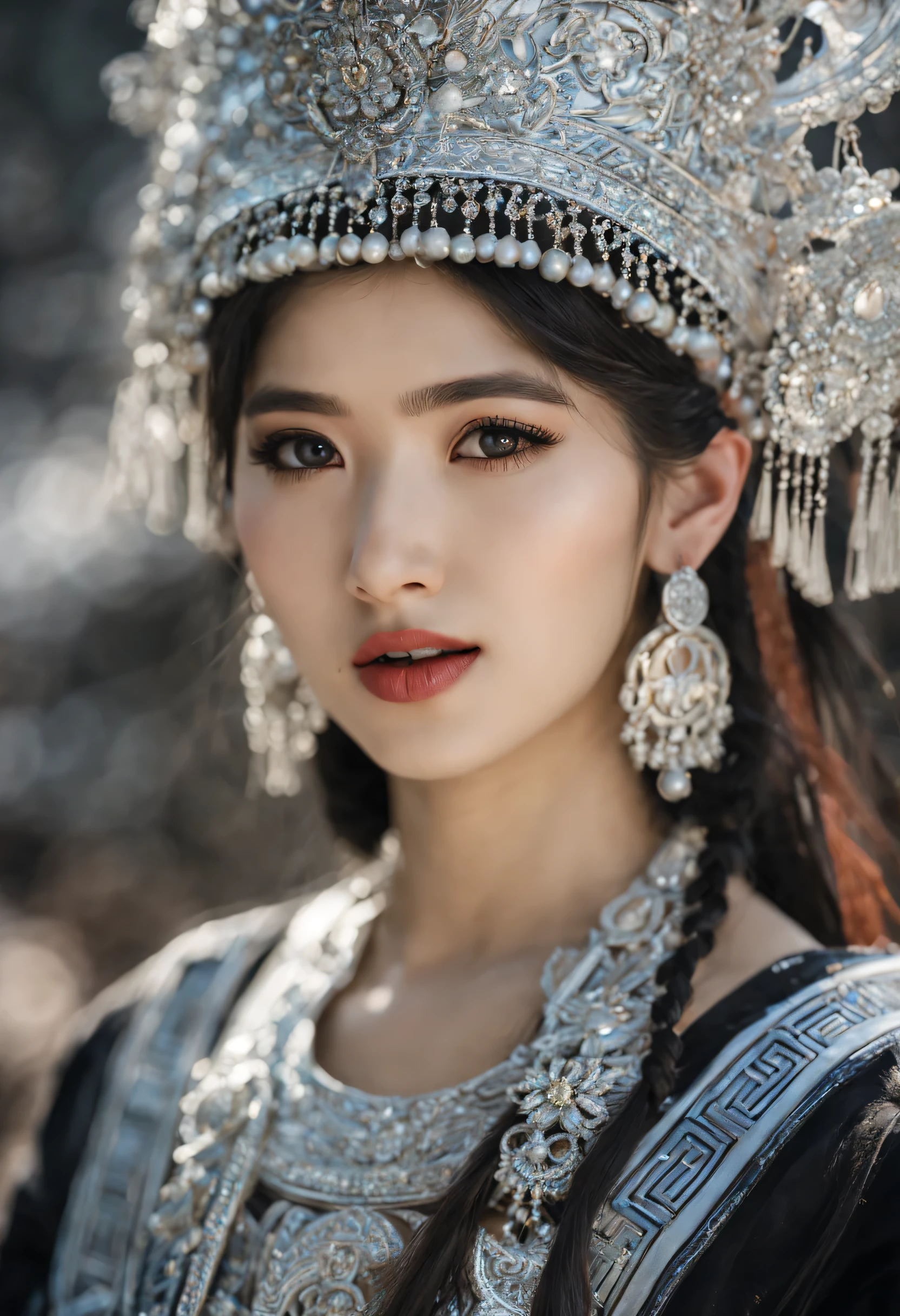 HDR,UHD,8K, best quality, masterpiece, absurdness, ((Bae Suzy)), extremely detailed, miaoyuansu, hmong, miao8, 1girl, solo, black hair, realistic, long hair, jewelry, earrings, silver bull Horne on hat, upper body, looking at viewer, silky long straight hair, ornament, (very detail traditional clothes), hat, blurry background, portrait, makeup, headdress, eyelashes,