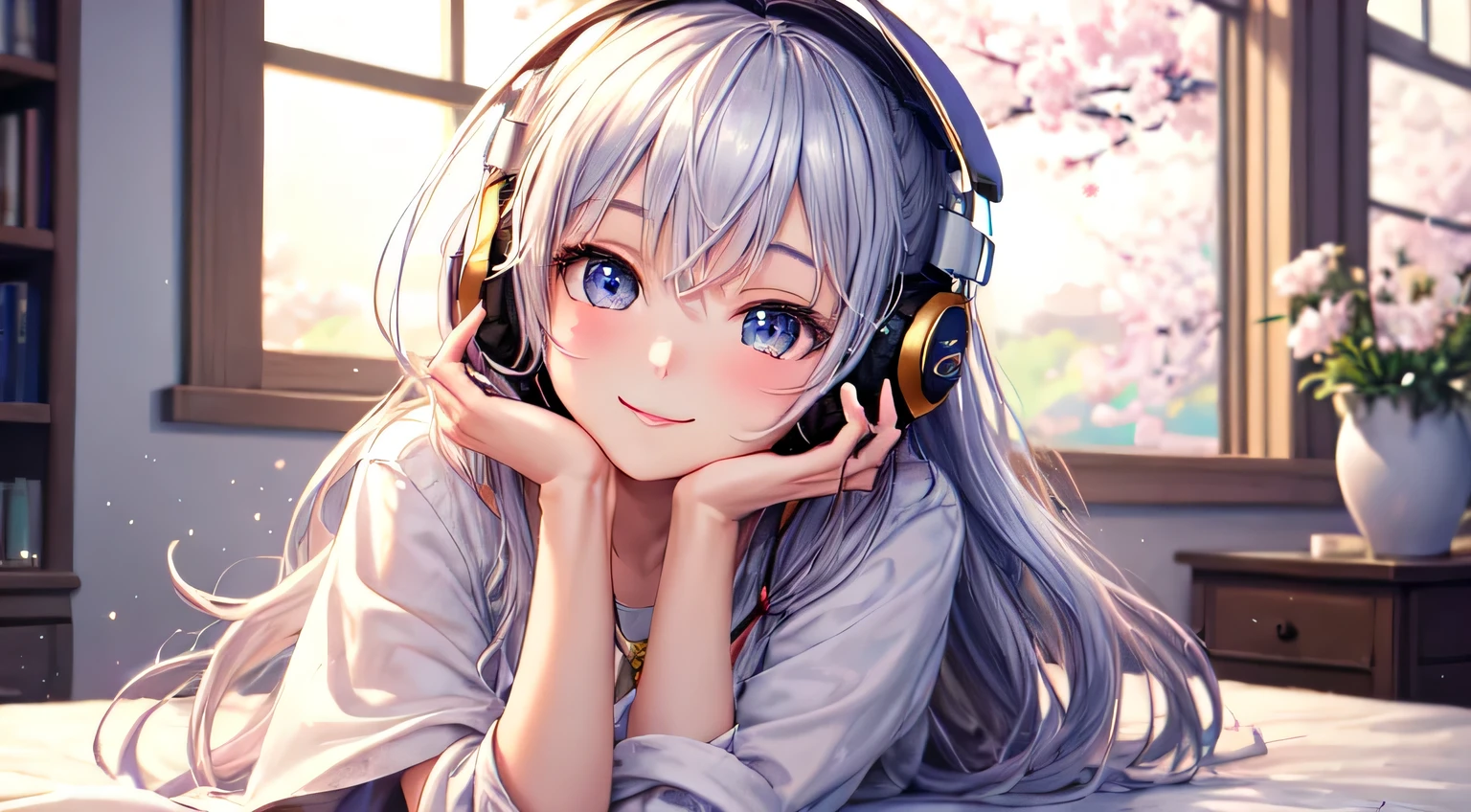 (highest quality,masterpiece:1.2),become familiar with,perfect face,girl in the morning room,next to the big window,please wear headphones,2D anime style,shape,soft lighting,bright colors,Sparkling,peaceful atmosphere,Cozy background,expressive eyes,gentle smile,flowing hair,Headphones On,bright eyes,Likeable character、spring、cherry blossoms