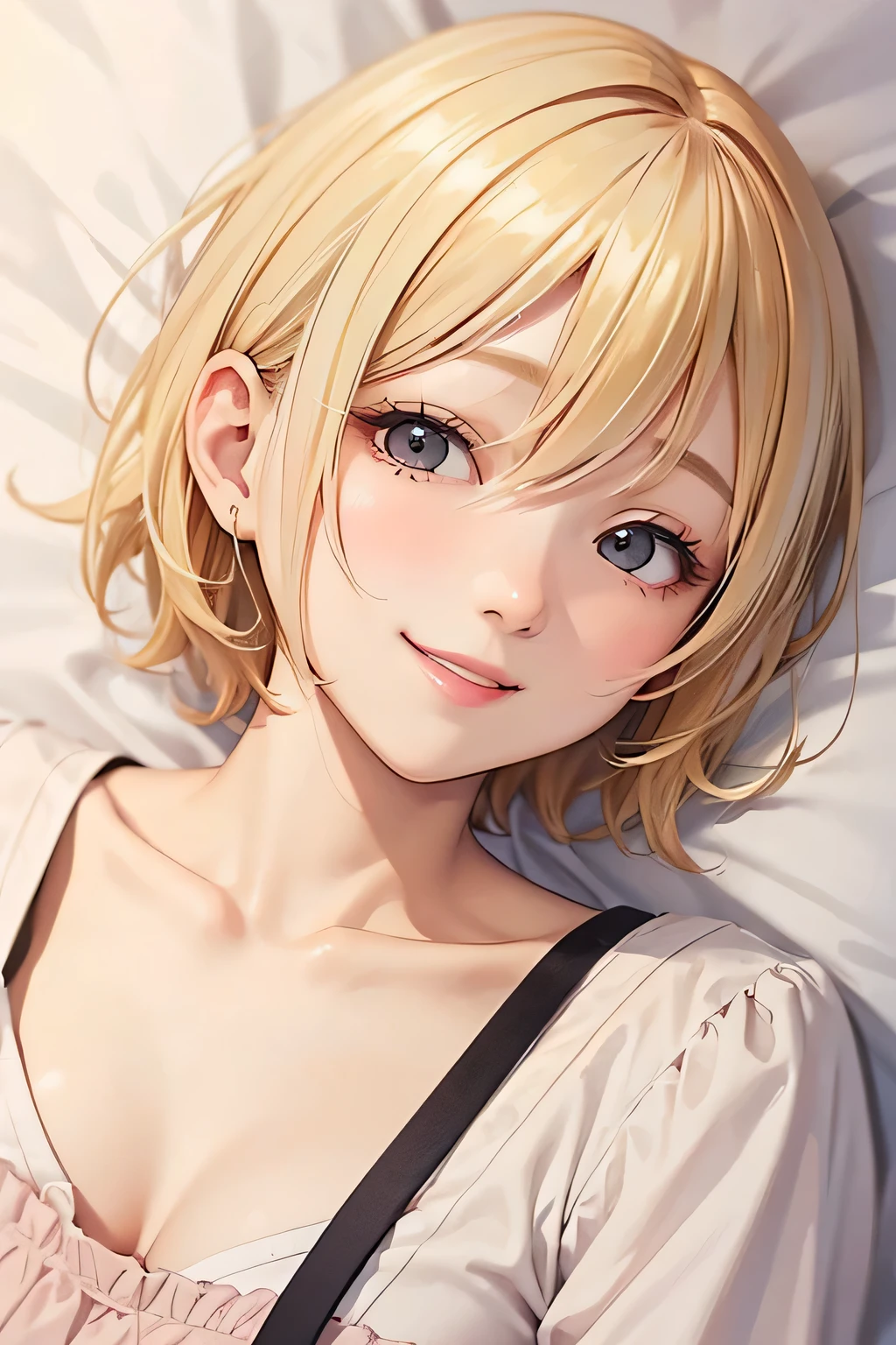blonde、short hair、girl1、close up of face、sleep together、topless、bed、open your mouth and smile