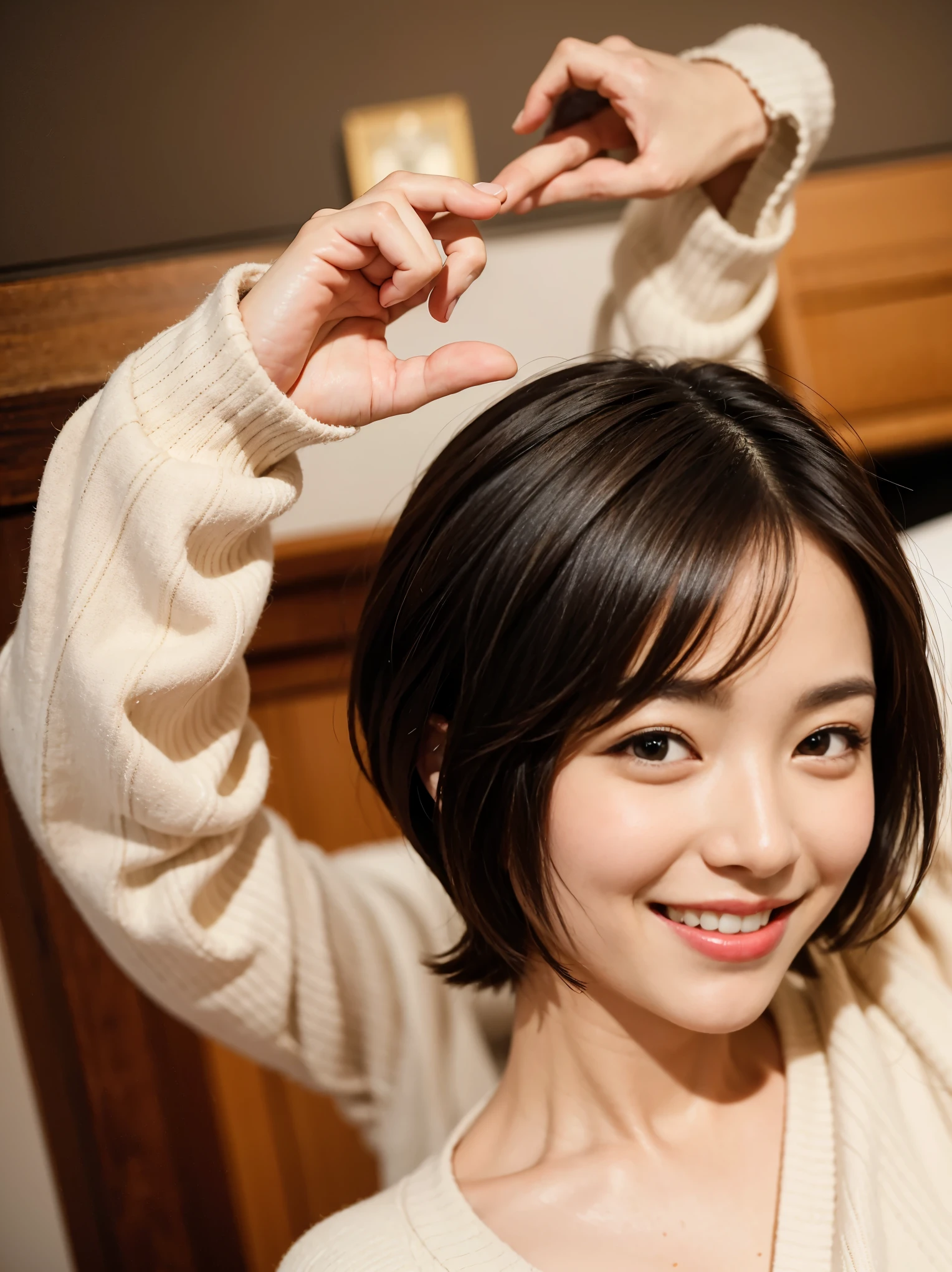 A woman with very, very short hair smiles