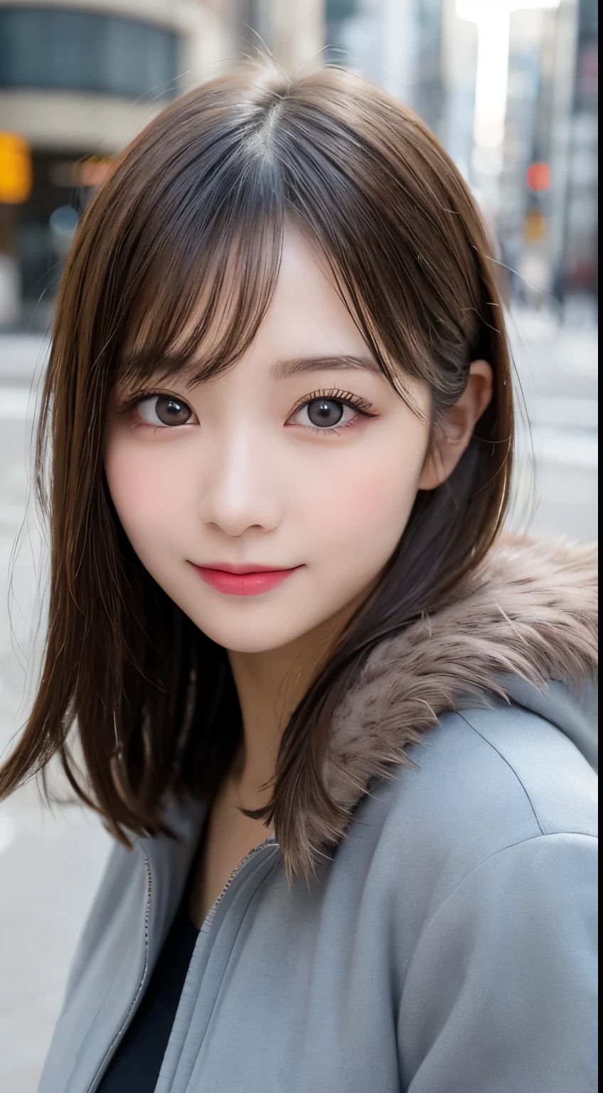 table top, highest quality, shape, Super detailed, finely, High resolution, 8k wallpaper, 完璧なダイナミックな構shape, beautiful and detailed eyes, tokyo trend冬ファッション,tokyo trend&Introducing cute hairstyles at random, small breasts, natural color lip, random sexy pose,cute smile,20 year old girl、beautiful and detailed face、perfect and beautiful face,Big eyes、Wear fluffy black outerwear with fur、beautiful and detailed face、perfect and beautiful double eyelids、blur the background、perfect and beautiful face、Feminine poses、blur the background、slim face and style、blur background
