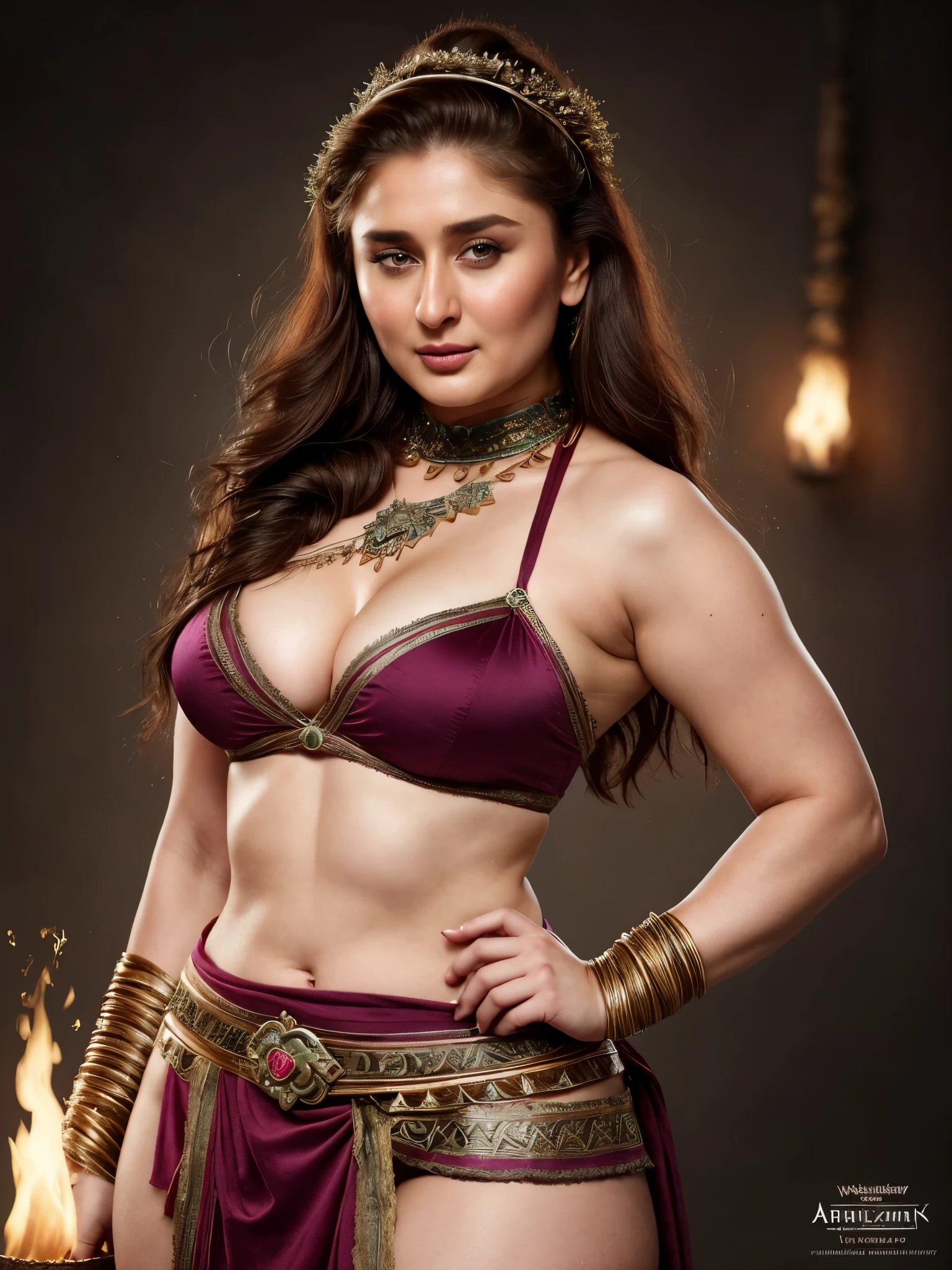Looks like Kareena Kapoor, curvy, female barbarian fantasy!!! dressed in vyshyvanka!!!! character concept art, sharp focus, octane render! unreal engine 5! highly rendered!! trending on artstation!! detailed linework!! illustration by artgerm, wlop, and chie yoshii, showing stubble armpits, armpits,