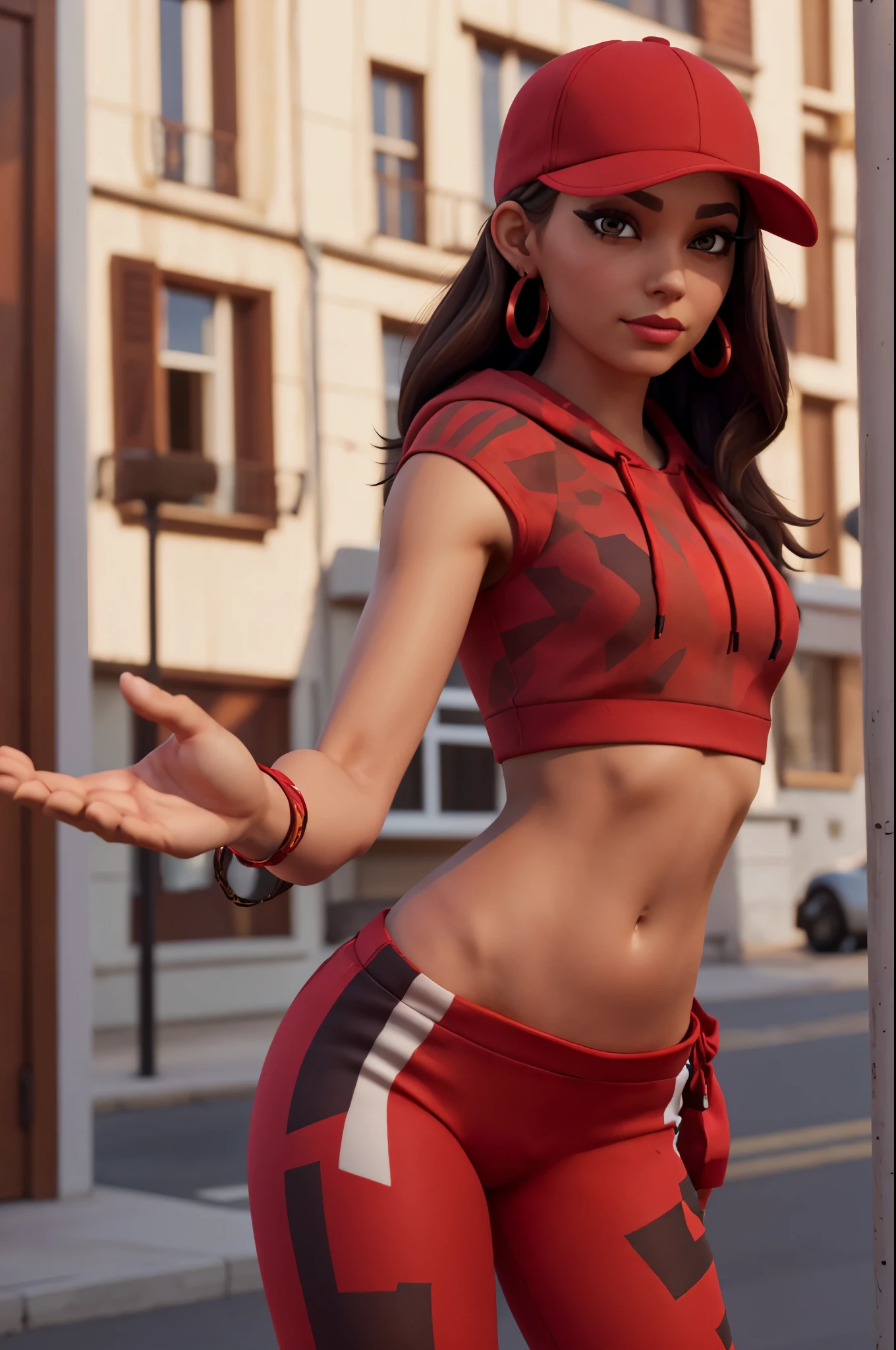 xyzruby, 1girl, brown hair, beautiful, earrings, makeup, vibrant, eyeliner, mascara, 3d render style, looking at viewer, midriff, cropped hoodie, red headwear, red hoodie, leggings, cap, stripe pattern