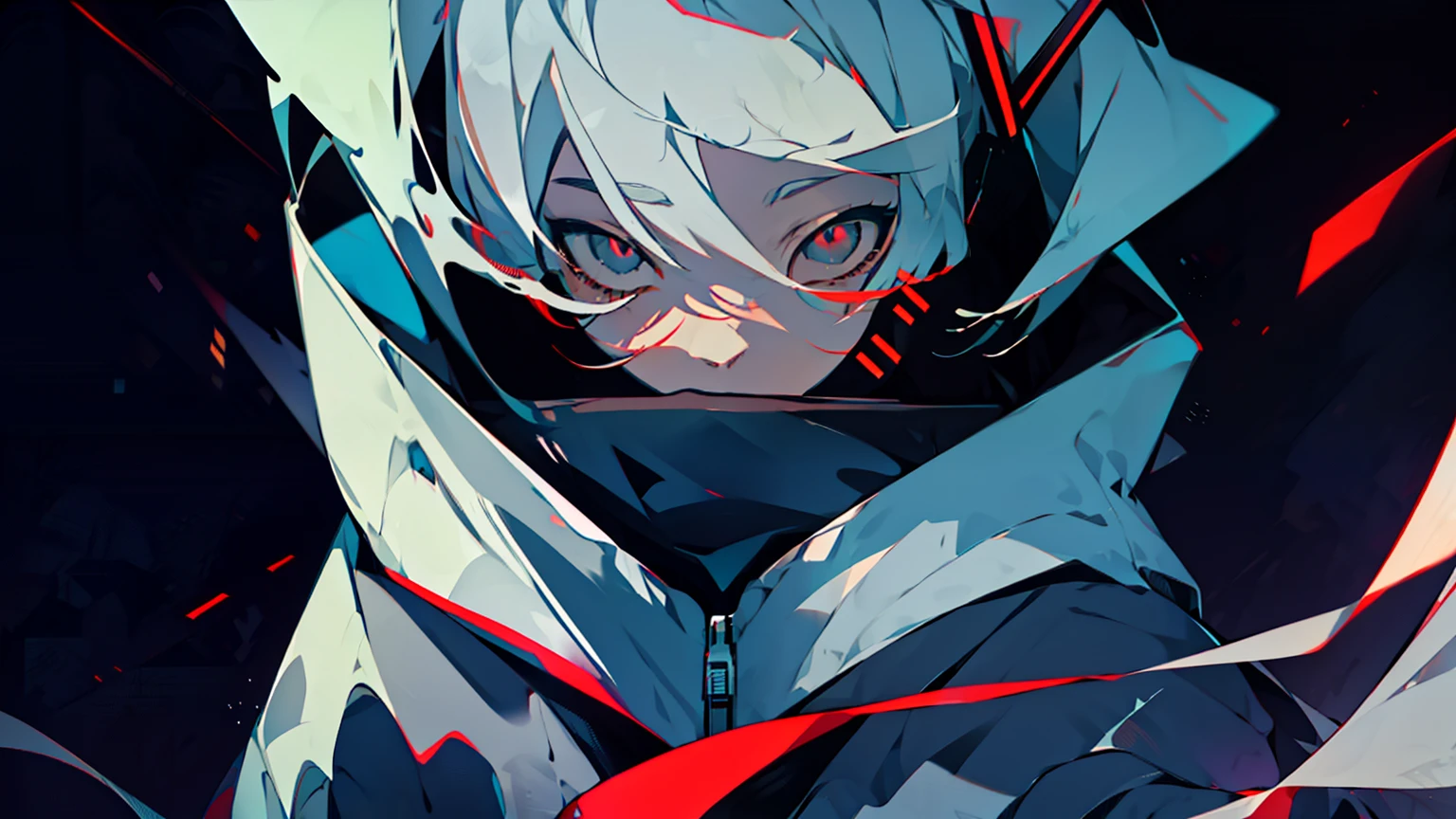 , gray hair, red eyes, dead eyes, wearing a hoodie, pants, sad, pushed down, dark circles under the eyes, Side view, upper body only, rolled up, masterpiece, at night, dim room, very detailed, super sharp, 8k　Hatsune Miku