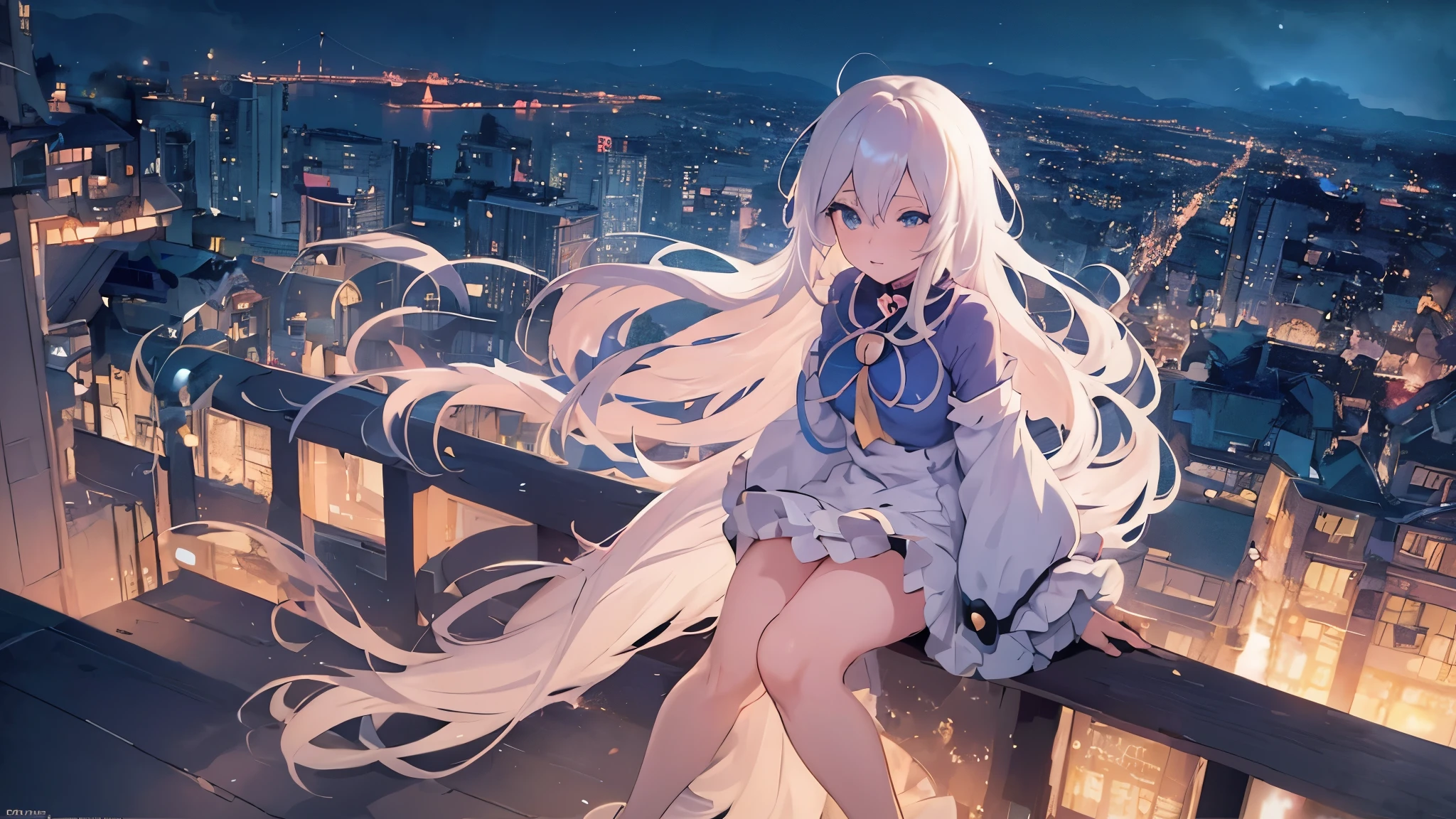 Anime girl with long white hair sitting on a ledge overlooking the city, anime wallpaper 4k, Nightcore, anime wallpaper 4k, perfect white haired girl, 4k anime wallpaper, Best Anime 4K Kona-chan Wallpaper, cute girl anime visual, anime art wallpaper 4k, anime art wallpaper 4k, anime girl desktop background