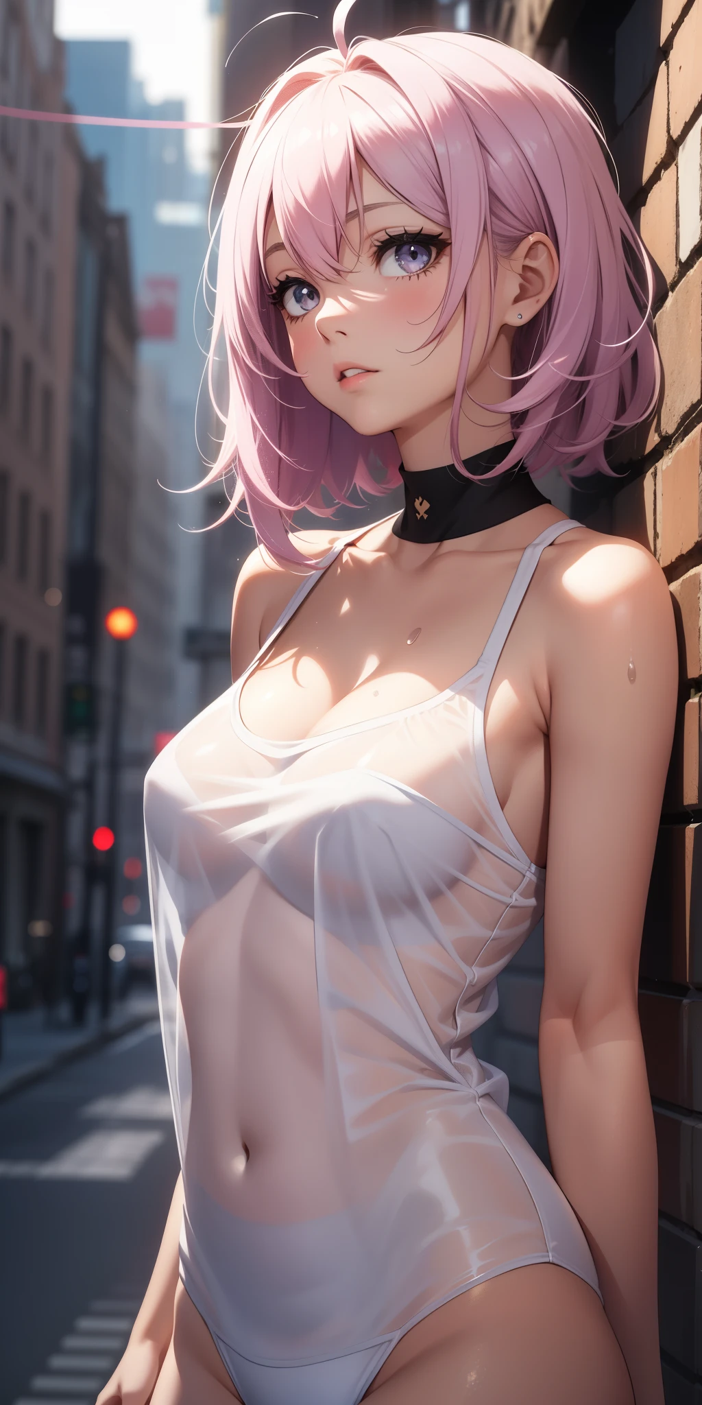 a girl, fille de style anime, mince, short, slanted eyes, Cheveux entre les yeux, messy hair, antenna hair, bare shoulders, delicate and sexy collarbone, Photo demi-corps, double eyelids, pink lips, petit nez, focused face, Gros plan du visage, ultra-high-definition, Ultra-detail, elegant standing posture, wear a wet transparent white T-shir, Sparkly Skin, closeup