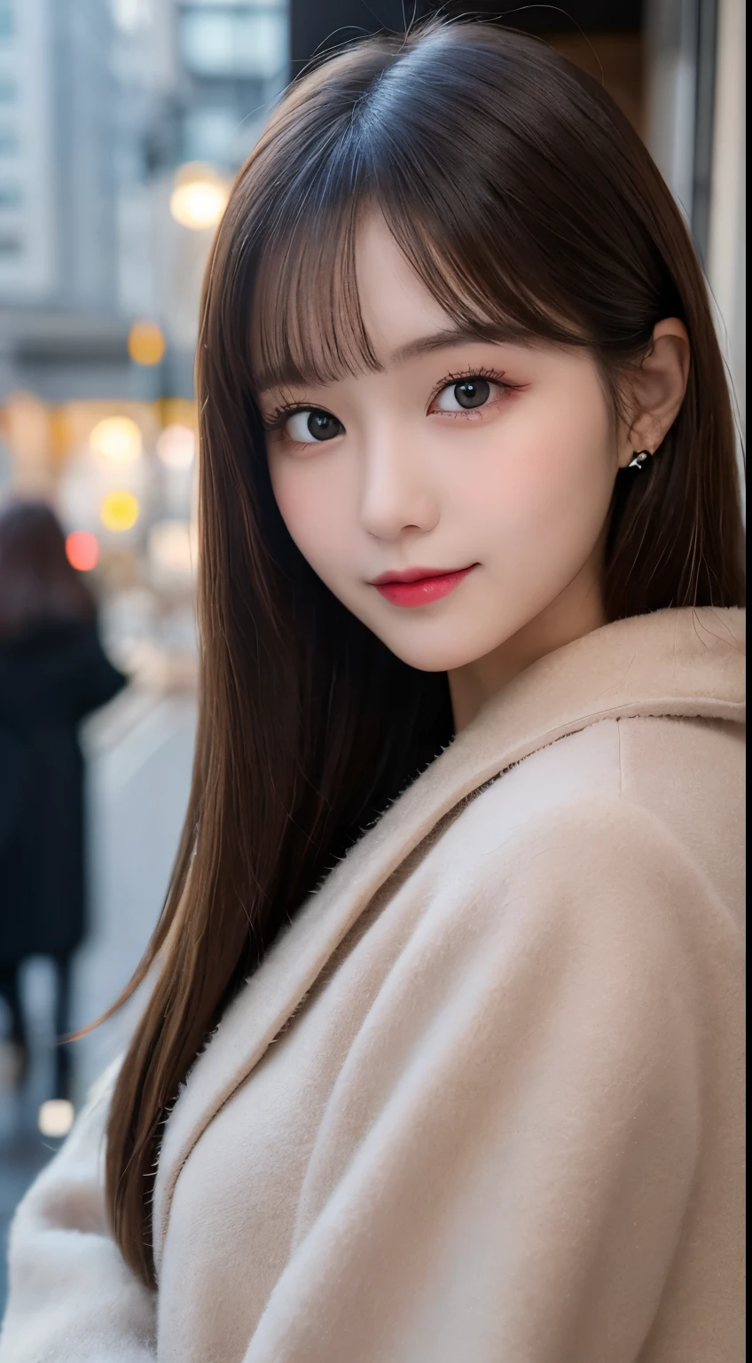 table top, highest quality, shape, Super detailed, finely, High resolution, 8k wallpaper, 完璧なダイナミックな構shape, beautiful and detailed eyes, Gorgeous black fluffy Tokyo winter clothes,ランダムなcute髪,,natural color lip, bold sexy pose,smile、20 year old girl、cute、sexy shot looking at camera,Always blur the background,perfect and beautiful face,Take only the face,beautiful and detailed face、slim face and style,Big eyes、do gal makeup,small face,Wearing a luxury brand mink coat