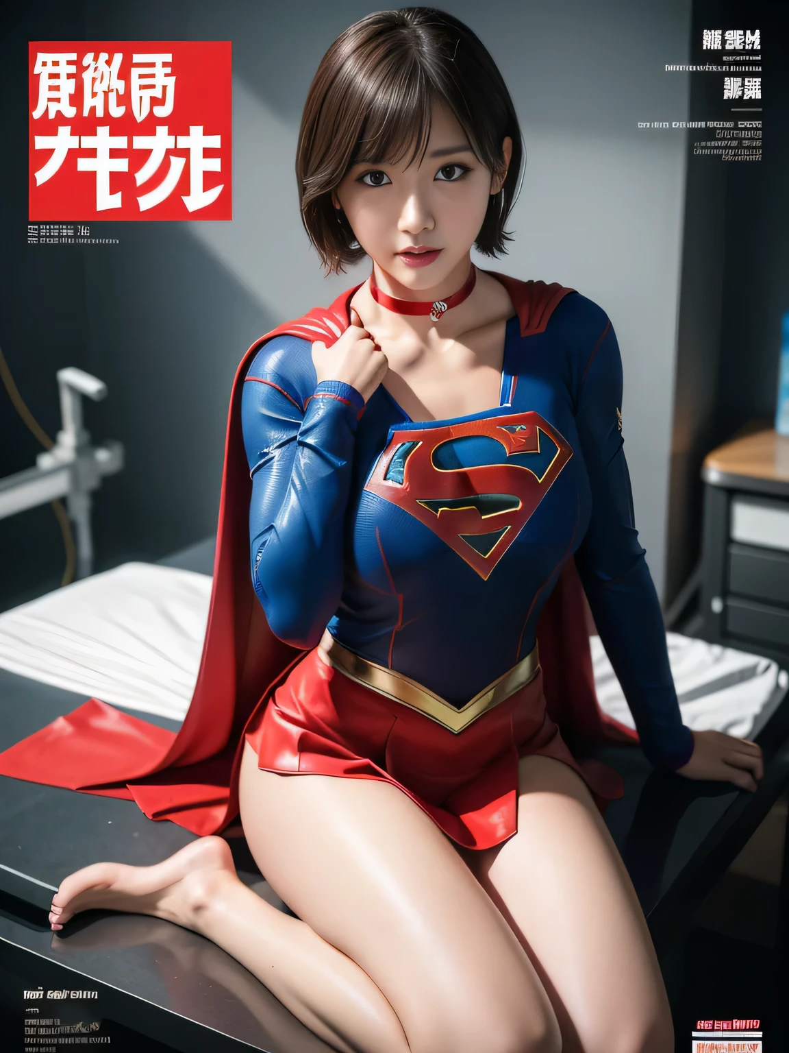 masterpiece、supergirl costume、short hair、barefoot、big and full breasts、execution、operating room、operating table、Crisis situation、straddle、flowing sweat、shiny、look at the camera、provocation、Estrus、choker、Weekly magazine cover、long sleeve、red mini skirt、obscene pose、Seduce、humiliating