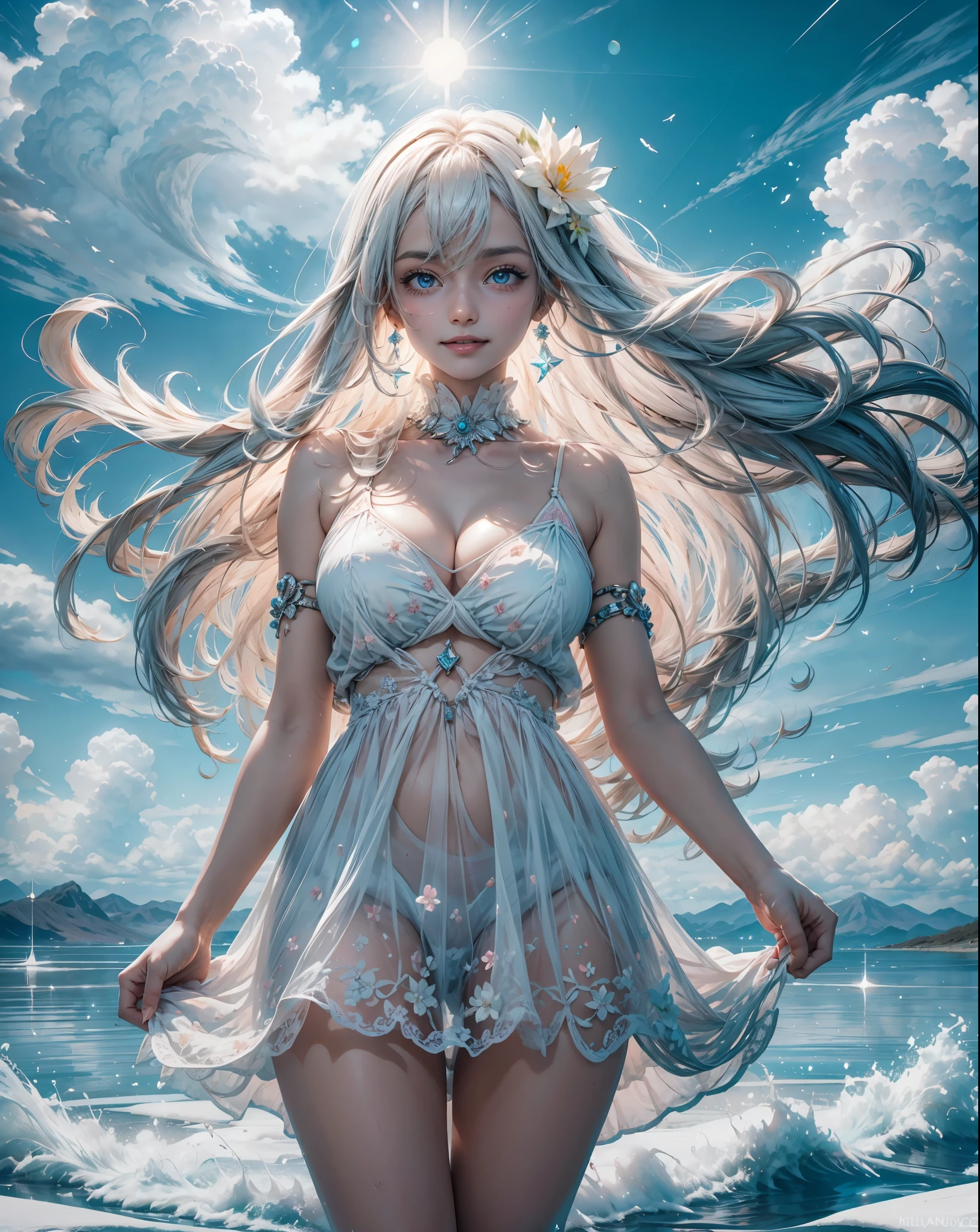 Best quality,Floral hair ornament, indian girl, indian model, smiley face, smile on face, indian goddess, big , cleavage, light blue eyes,Hair fluttering in the wind,smile,large tits,Open chest, white dress, white miniskirt,beauty legs, Uyuni Salt Flat, BoliviaBackground, Bolivia,a large body of water with a sky in the background, at salar de uyuni, pink reflections, light white clouds, white clouds, dramatic white clouds, at the salar de uyuni, white storm clouds, clouds in the sky, prismatic cumulus clouds, stunning light reflections, award winning landscape photo, white cloudy background, white landscape