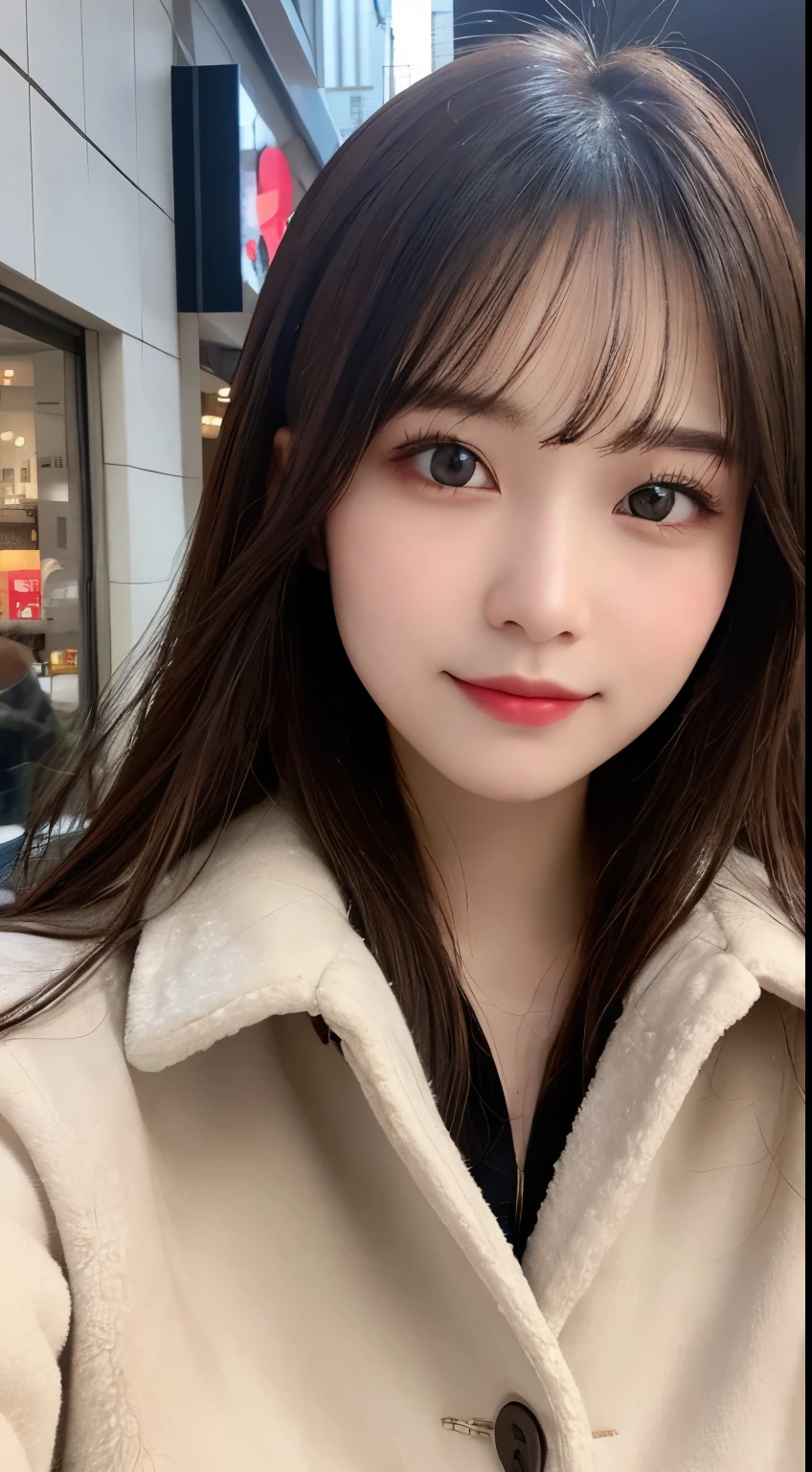 table top, highest quality, shape, Super detailed, finely, High resolution, 8k wallpaper, 完璧なダイナミックな構shape, beautiful and detailed eyes, Gorgeous black fluffy Tokyo winter clothes,ランダムなcute髪,,natural color lip, bold sexy pose,smile、20 year old girl、cute、sexy shot looking at camera,Always blur the background,perfect and beautiful face,Take only the face,beautiful and detailed face、slim face and style,Big eyes、do gal makeup,small face,Wearing a luxury brand mink coat