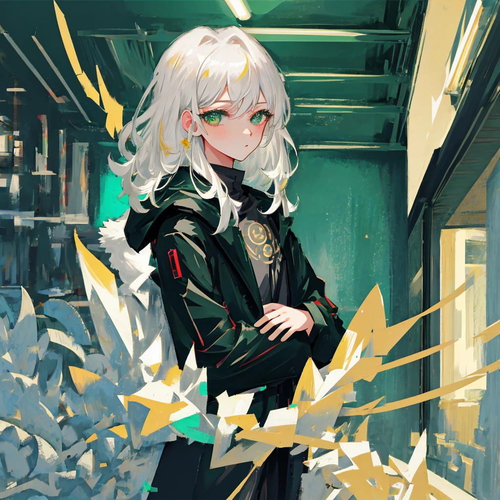 mksks style, masterpiece, best quality, ultra-detailed, illustration, upper body, 1girl, cool, white hair, medium hair, green eyes, ((black coat)), indoors, dimly lit