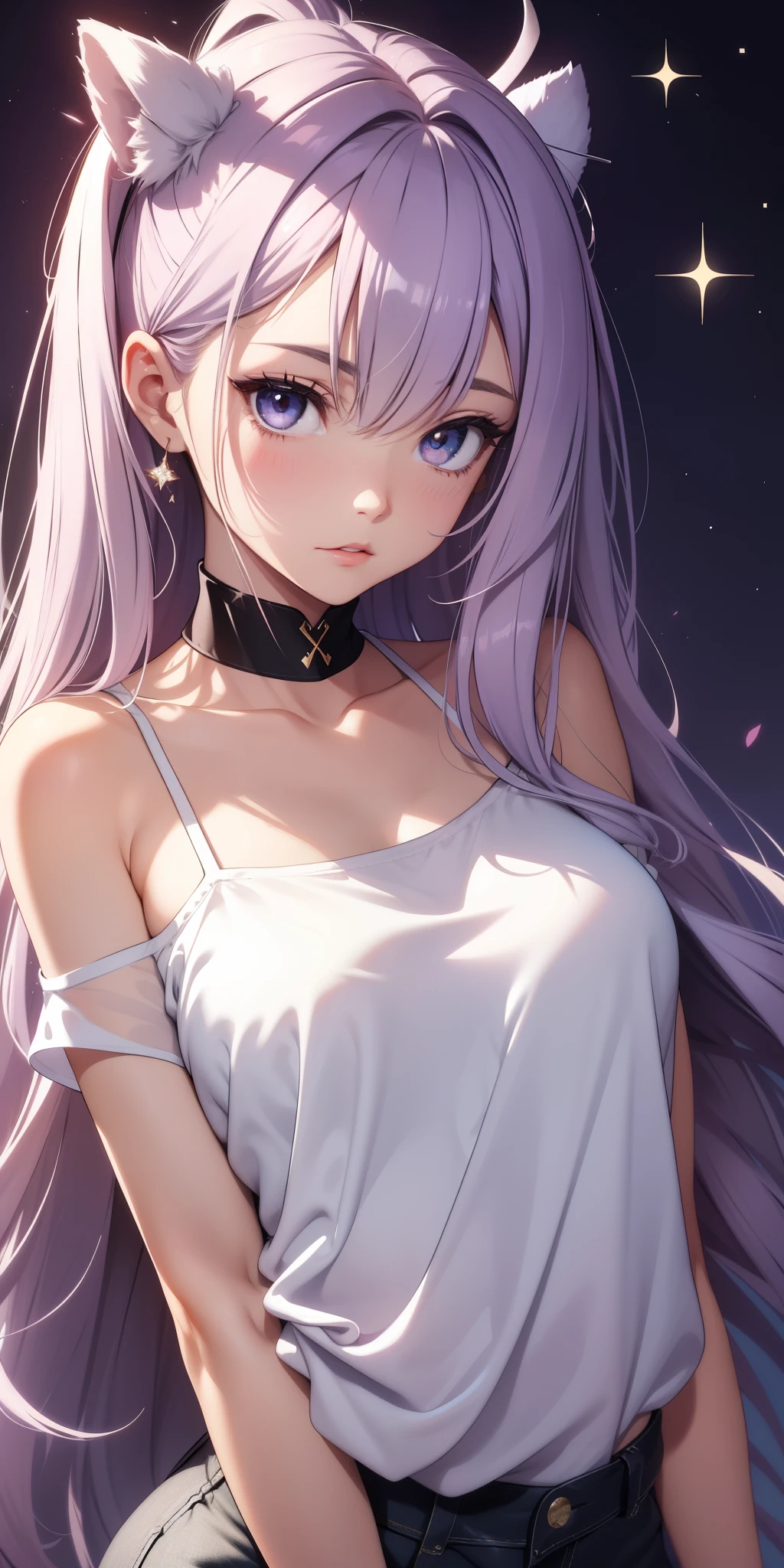 ((masterpiece,best quality)),(negative space:1.4),(1girl, solo:1.4),beautiful detailed eyes,floating pastel pink and lavender hair, lavender eyes, at night, starry sky, stars shining