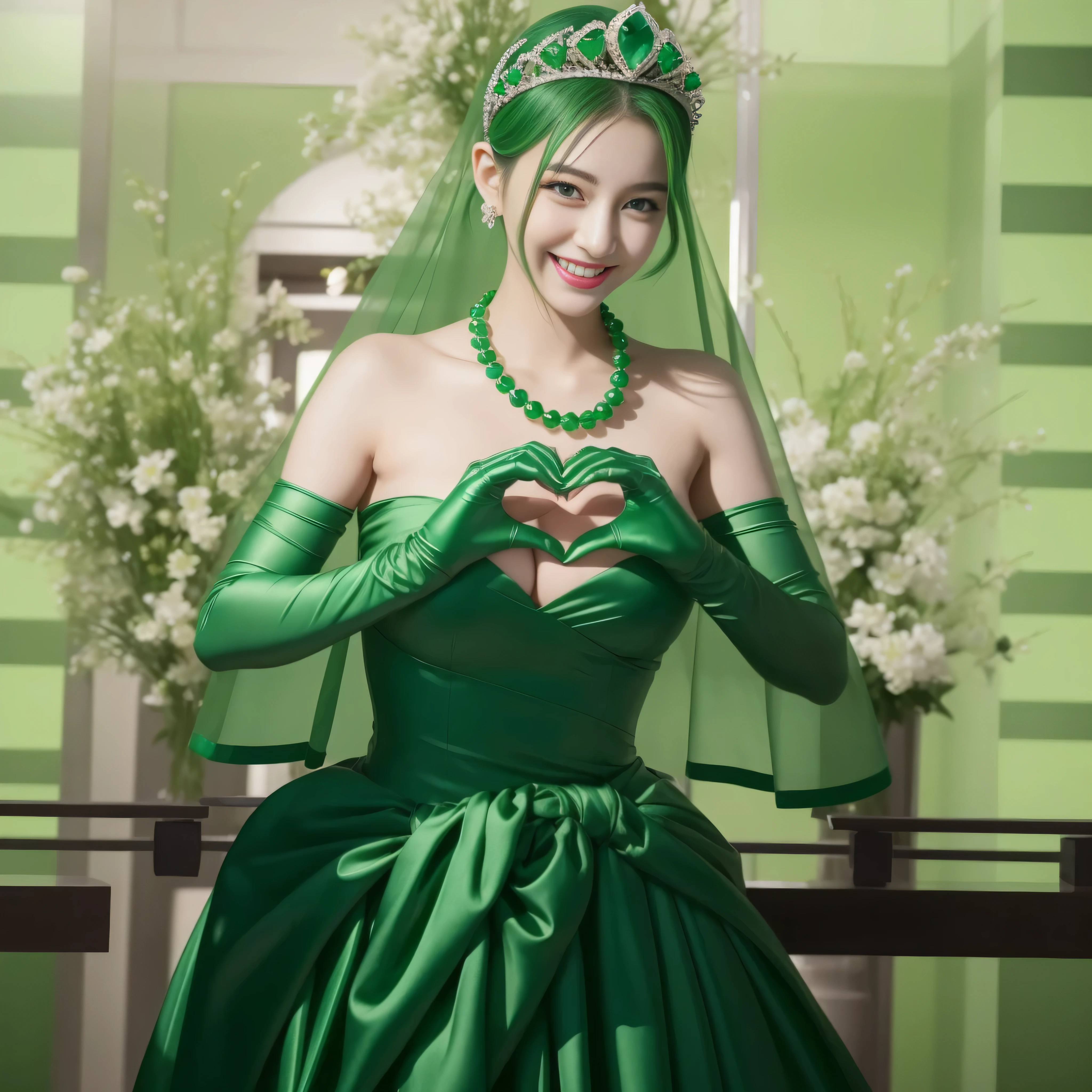 emerald tiara, Green Pearl Necklace, ボーイッシュな非常に短いgreen hair, lipstick, smiling Japanese woman, very short hair,  beauty of big breasts, green eyes, green satin long gloves, green eyes, emerald earrings, Green veil, Heart with both hands, green hair, beautiful japanese woman, heart shaped hands:1.3, green lip gloss