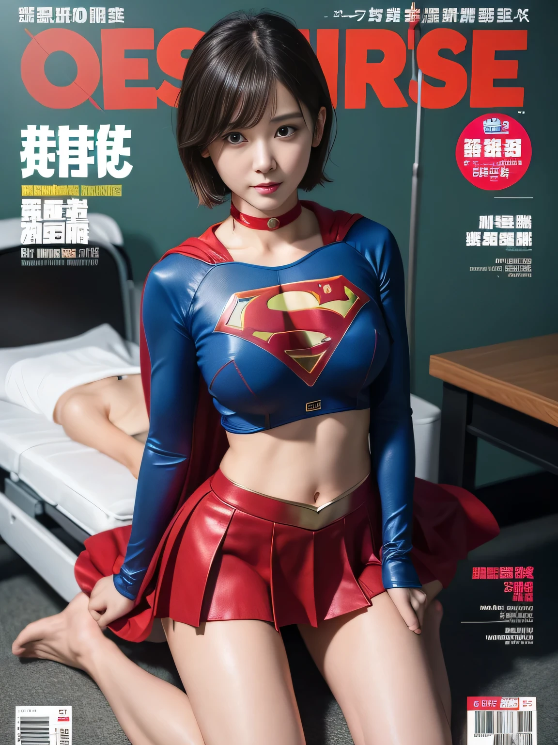 masterpiece、supergirl costume、short hair、barefoot、big and full breasts、Crisis situation、operating room、operating table、straddle、Sweat、shiny、look at the camera、provocation、Estrus、choker、Weekly magazine cover、long sleeve、red mini skirt、obscene pose、Seduce、