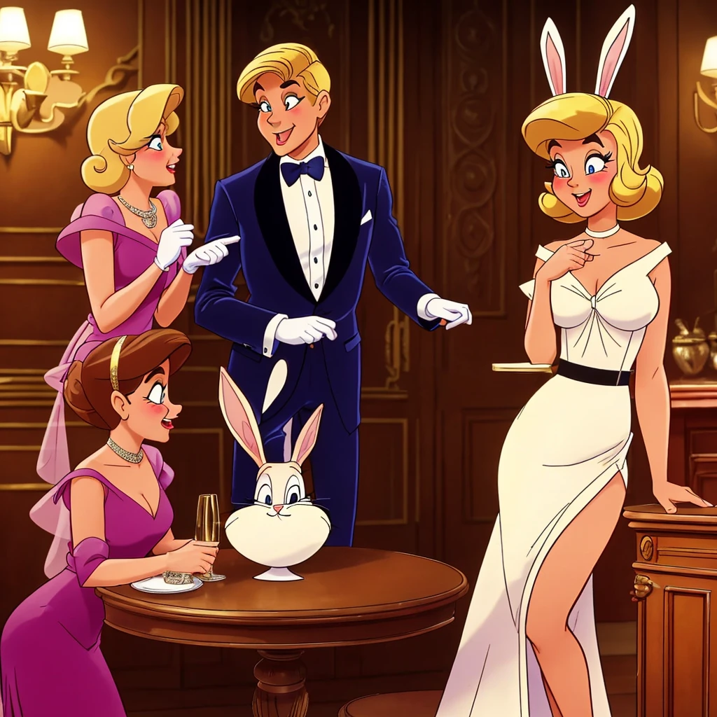 A comedic scene set in a 1920s speak easy where Bugs Bunny disguises himself as a blonde bar floozy to seduce a black-clad villain and steal his briefcase. The scene is portrayed in a (best quality,4k,8k,highres,masterpiece:1.2),ultra-detailed,(realistic,photorealistic,photo-realistic:1.37) style. The main focus is on Bugs Bunny's charming and detailed eyes, beautiful detailed lips, and extremely detailed face. Bugs Bunny, dressed in a glamorous blonde wig, shimmering dress, and elegant feather boa, is shown flirting with the villain by winking and blowing kisses. The speak easy is filled with vibrant colors, vintage furniture, and jazz music in the background. The lighting is dim and moody, with warm tones illuminating the scene. Bugs Bunny's seductive poses and playful expressions add a touch of humor to the overall composition. The briefcase, held tightly by the villain, is positioned as the central point of conflict. The scene is captured with the skill and artistry of an oil painting, showcasing every intricate detail and brushstroke. The rich textures and materials, such as velvet and satin, are prominent throughout the portrayal. The scene is depicted in a classic art style, reminiscent of golden age illustration and concept art. The vivid colors enhance the energetic atmosphere of the scene, with a carefully curated color palette that accentuates the comedic and lively nature of the characters. The lighting casts dramatic shadows and highlights, emphasizing the characters' facial expressions and body language. The result is a visually captivating and entertaining artwork that brings to life the humor and charm of Bugs Bunny as he embarks on his mischievous adventure in the 1920s speak easy.