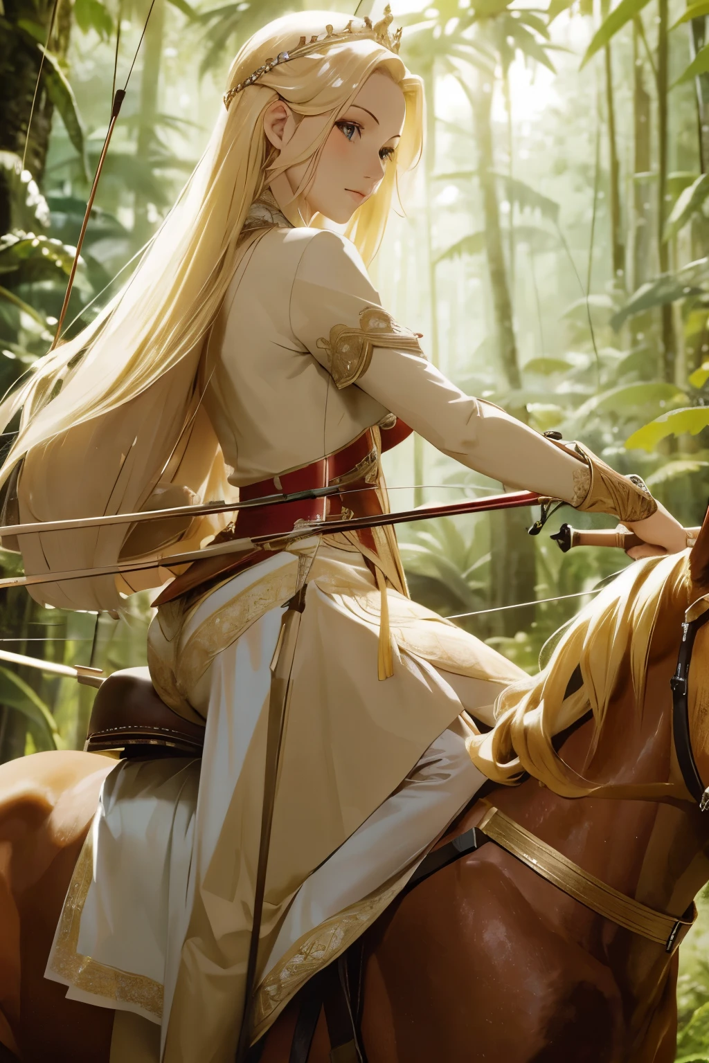 beautiful blonde princess with archery on her back sitting on a horse in a deep jungle