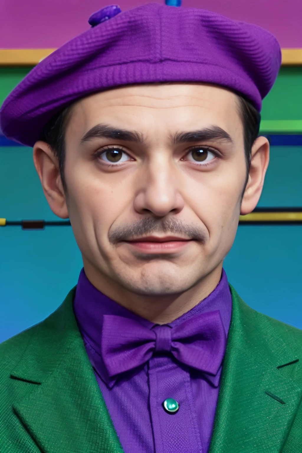 arafed man wearing a purple beret and a green bow tie, waluigi as a real person, inspired by Mario Dubsky, vinny vinesauce, ben shapiro as the joker, waluigi, inspired by Mario Bardi, twitch streamer / gamer ludwig, mario as a real person, vinny from vinesauce, wearing a purple breton cap, mr. bean