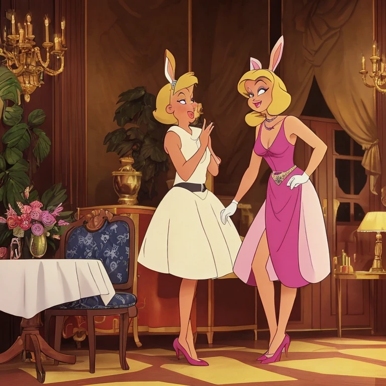 A comedic scene set in a 1920s speak easy where Bugs Bunny disguises himself as a blonde bar floozy to seduce a black-clad villain and steal his briefcase. The scene is portrayed in a (best quality,4k,8k,highres,masterpiece:1.2),ultra-detailed,(realistic,photorealistic,photo-realistic:1.37) style. The main focus is on Bugs Bunny's charming and detailed eyes, beautiful detailed lips, and extremely detailed face. Bugs Bunny, dressed in a glamorous blonde wig, shimmering dress, and elegant feather boa, is shown flirting with the villain by winking and blowing kisses. The speak easy is filled with vibrant colors, vintage furniture, and jazz music in the background. The lighting is dim and moody, with warm tones illuminating the scene. Bugs Bunny's seductive poses and playful expressions add a touch of humor to the overall composition. The briefcase, held tightly by the villain, is positioned as the central point of conflict. The scene is captured with the skill and artistry of an oil painting, showcasing every intricate detail and brushstroke. The rich textures and materials, such as velvet and satin, are prominent throughout the portrayal. The scene is depicted in a classic art style, reminiscent of golden age illustration and concept art. The vivid colors enhance the energetic atmosphere of the scene, with a carefully curated color palette that accentuates the comedic and lively nature of the characters. The lighting casts dramatic shadows and highlights, emphasizing the characters' facial expressions and body language. The result is a visually captivating and entertaining artwork that brings to life the humor and charm of Bugs Bunny as he embarks on his mischievous adventure in the 1920s speak easy.