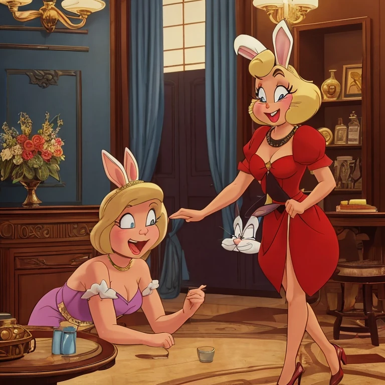 A comedic scene set in a 1920s speak easy where Bugs Bunny disguises himself as a blonde bar floozy to seduce a black-clad villain and steal his briefcase. The scene is portrayed in a (best quality,4k,8k,highres,masterpiece:1.2),ultra-detailed,(realistic,photorealistic,photo-realistic:1.37) style. The main focus is on Bugs Bunny's charming and detailed eyes, beautiful detailed lips, and extremely detailed face. Bugs Bunny, dressed in a glamorous blonde wig, shimmering dress, and elegant feather boa, is shown flirting with the villain by winking and blowing kisses. The speak easy is filled with vibrant colors, vintage furniture, and jazz music in the background. The lighting is dim and moody, with warm tones illuminating the scene. Bugs Bunny's seductive poses and playful expressions add a touch of humor to the overall composition. The briefcase, held tightly by the villain, is positioned as the central point of conflict. The scene is captured with the skill and artistry of an oil painting, showcasing every intricate detail and brushstroke. The rich textures and materials, such as velvet and satin, are prominent throughout the portrayal. The scene is depicted in a classic art style, reminiscent of golden age illustration and concept art. The vivid colors enhance the energetic atmosphere of the scene, with a carefully curated color palette that accentuates the comedic and lively nature of the characters. The lighting casts dramatic shadows and highlights, emphasizing the characters' facial expressions and body language. The result is a visually captivating and entertaining artwork that brings to life the humor and charm of Bugs Bunny as he embarks on his mischievous adventure in the 1920s speak easy.