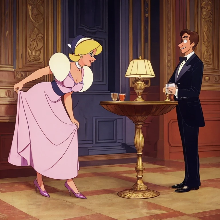 A comedic scene set in a 1920s speak easy where Bugs Bunny disguises himself as a blonde bar floozy to seduce a black-clad villain and steal his briefcase. The scene is portrayed in a (best quality,4k,8k,highres,masterpiece:1.2),ultra-detailed,(realistic,photorealistic,photo-realistic:1.37) style. The main focus is on Bugs Bunny's charming and detailed eyes, beautiful detailed lips, and extremely detailed face. Bugs Bunny, dressed in a glamorous blonde wig, shimmering dress, and elegant feather boa, is shown flirting with the villain by winking and blowing kisses. The speak easy is filled with vibrant colors, vintage furniture, and jazz music in the background. The lighting is dim and moody, with warm tones illuminating the scene. Bugs Bunny's seductive poses and playful expressions add a touch of humor to the overall composition. The briefcase, held tightly by the villain, is positioned as the central point of conflict. The scene is captured with the skill and artistry of an oil painting, showcasing every intricate detail and brushstroke. The rich textures and materials, such as velvet and satin, are prominent throughout the portrayal. The scene is depicted in a classic art style, reminiscent of golden age illustration and concept art. The vivid colors enhance the energetic atmosphere of the scene, with a carefully curated color palette that accentuates the comedic and lively nature of the characters. The lighting casts dramatic shadows and highlights, emphasizing the characters' facial expressions and body language. The result is a visually captivating and entertaining artwork that brings to life the humor and charm of Bugs Bunny as he embarks on his mischievous adventure in the 1920s speak easy.