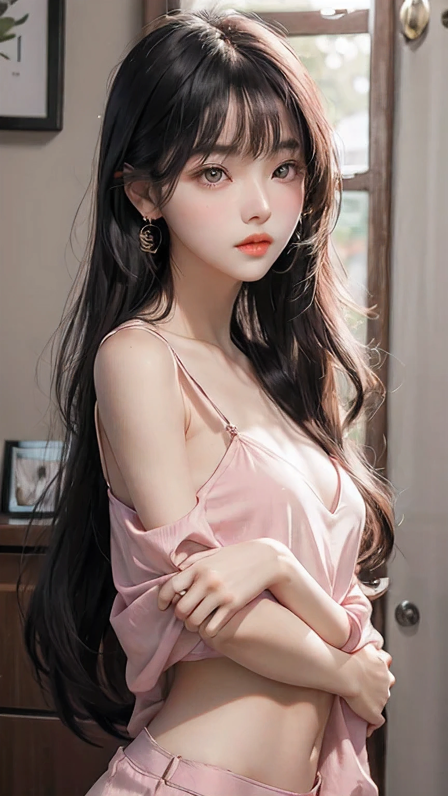 ulzzang -6500-v1.1,(Raw foto:1.2),((Photorealsitic:1.4)),top-quality,masterpiece, illustratio,{(Extremely delicate and beautiful:2.0):2.0}, extremely details CG ,Unity,{(8K Wallpaper:2.0)}, astonishing、finely detail, Official art,the Extremely Detailed CG Unity 8K Wallpapers,absurderes, incredibly absurdness, huge filesize, ultra-detailliert, hight resolution, a beautiful detailed girl, extremely detailed eye and face, beatiful detailed eyes,Facial light,(((😃))),{(thighs thighs thighs thighs)}, {(Full body))}
(((Straight bangs:))),(((Very long black hair, Ridiculously long black hair:1.1))),Long black hair like a stream of water, Lustrous black hair all over the back, Black hair shiny like silk thread, Long black hair shining like jewels, black hair with wet feathers, 1girl in, (blush)+, lightsmile, School uniform, Short sleeves, Narrowed eyes, (upward-eyed)1.1, Backlight, Bokeh, (the see-through white shirt), bowtie, (Huge breasts, Super breasts), plaid skirts, White panties, ,a beauty girl, blush, Seductive smile,Insane details and very detailed, Huge lower eyelid. masutepiece, of the highest quality, Ultra high definition, max resolution, Very detailed, Clean skin,