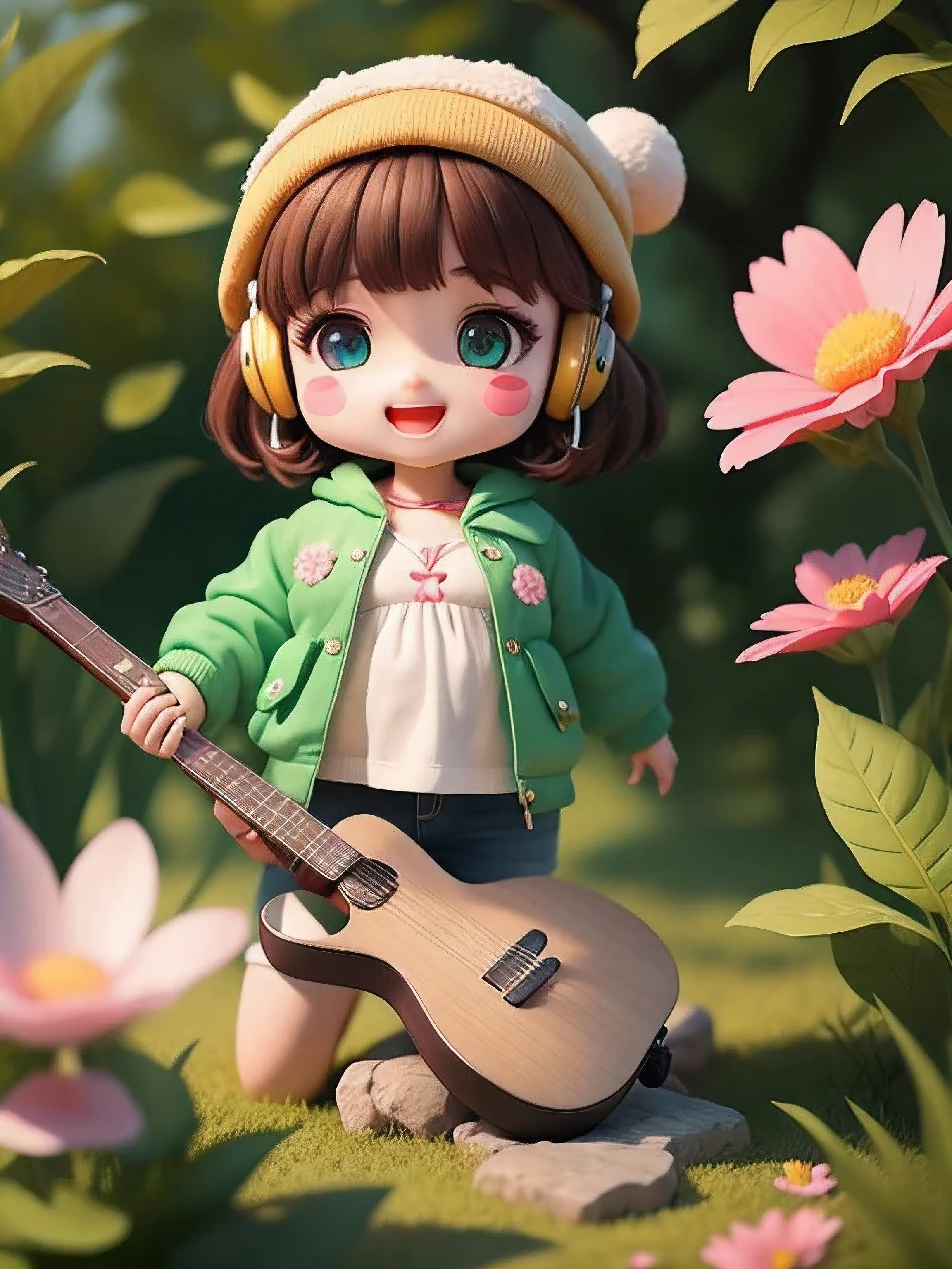 (masterpiece),(best quality),(super detailed), (whole body:1.2),
1 chubby girl,chibi,charming, Smile, open mouth,
flower, Outdoor sports, Play the guitar, music, Berets, holding guitar, jacket, blush, tree, :3, shirt, short hair, 樱flower, Green tiara, vague, brown hair, blush stickers, long sleeves, Bangs, earphone, black hair, pink flower,
(Beautiful and delicate face), (beautiful and delicate eyes),