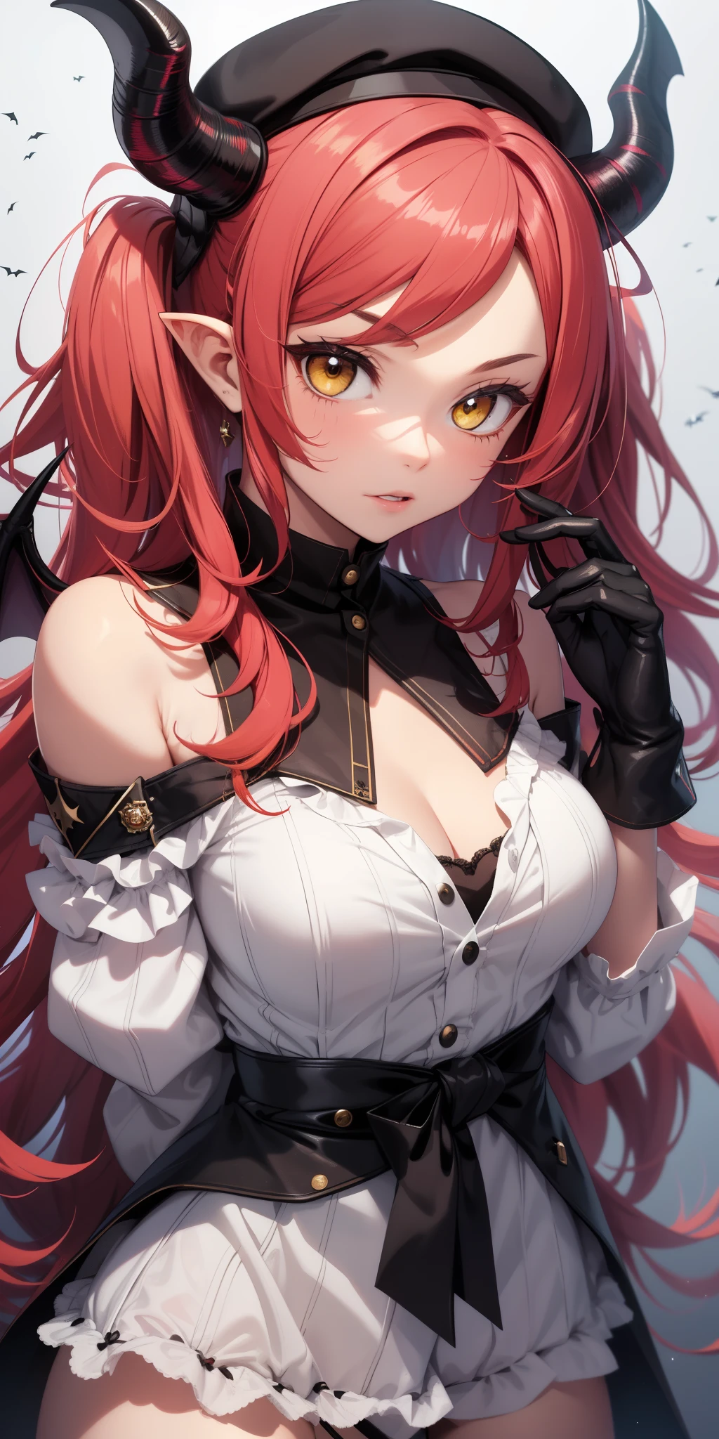 masterpiece, best quality, 1girl, solo, yellow eyes, red hair, small breast, demon girl, demon tail, demon wings, small demon horns, pointy ears, (small breast), (flat chest), twintails, bat hair ornament, cape, white shirt, white legwear, stuffed toy, stuffed animal toy, beret, gloves, bangs, hat