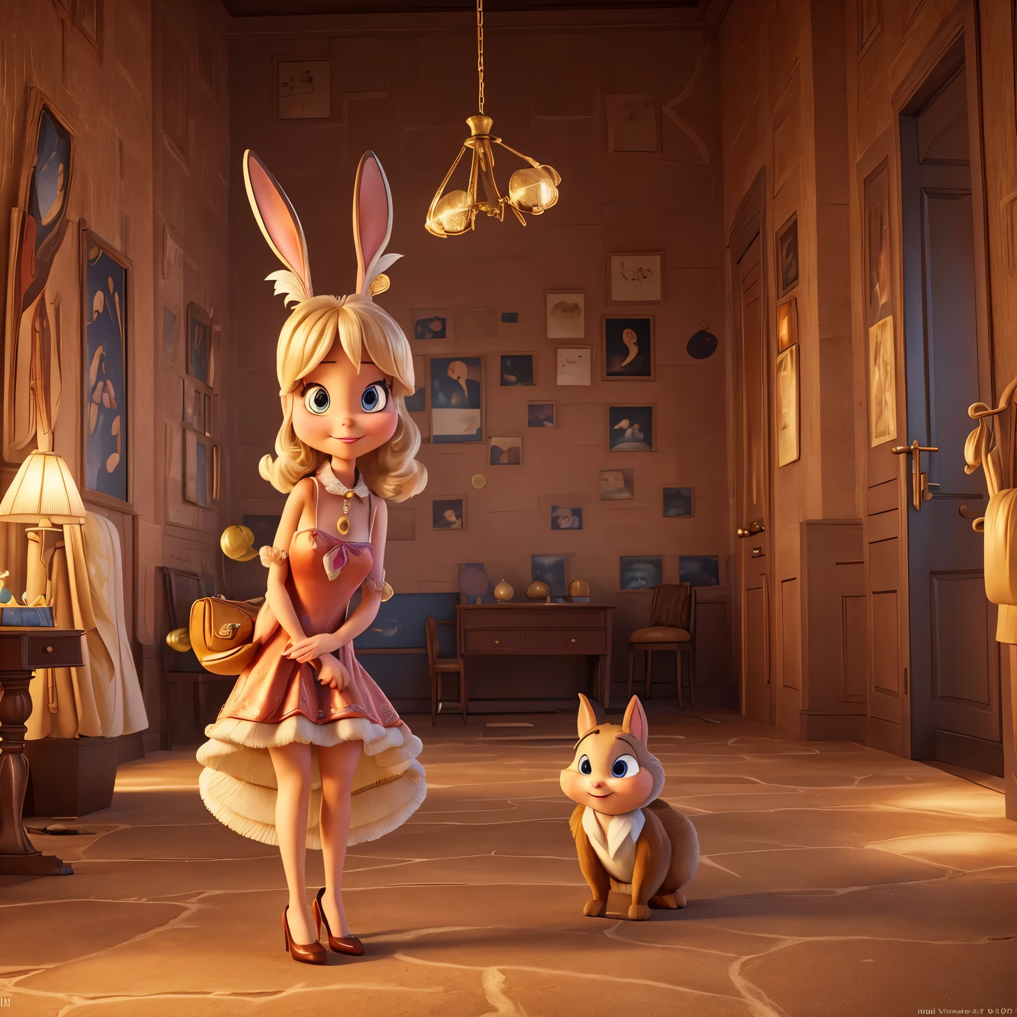 A comedic scene set in a 1920s speak easy where Bugs Bunny disguises himself as a blonde bar floozy to seduce a black-clad villain and steal his briefcase. The scene is portrayed in a (best quality,4k,8k,highres,masterpiece:1.2),ultra-detailed,(realistic,photorealistic,photo-realistic:1.37) style. The main focus is on Bugs Bunny's charming and detailed eyes, beautiful detailed lips, and extremely detailed face. Bugs Bunny, dressed in a glamorous blonde wig, shimmering dress, and elegant feather boa, is shown flirting with the villain by winking and blowing kisses. The speak easy is filled with vibrant colors, vintage furniture, and jazz music in the background. The lighting is dim and moody, with warm tones illuminating the scene. Bugs Bunny's seductive poses and playful expressions add a touch of humor to the overall composition. The briefcase, held tightly by the villain, is positioned as the central point of conflict. The scene is captured with the skill and artistry of an oil painting, showcasing every intricate detail and brushstroke. The rich textures and materials, such as velvet and satin, are prominent throughout the portrayal. The scene is depicted in a classic art style, reminiscent of golden age illustration and concept art. The vivid colors enhance the energetic atmosphere of the scene, with a carefully curated color palette that accentuates the comedic and lively nature of the characters. The lighting casts dramatic shadows and highlights, emphasizing the characters' facial expressions and body language. The result is a visually captivating and entertaining artwork that brings to life the humor and charm of Bugs Bunny as he embarks on his mischievous adventure in the 1920s speak easy.