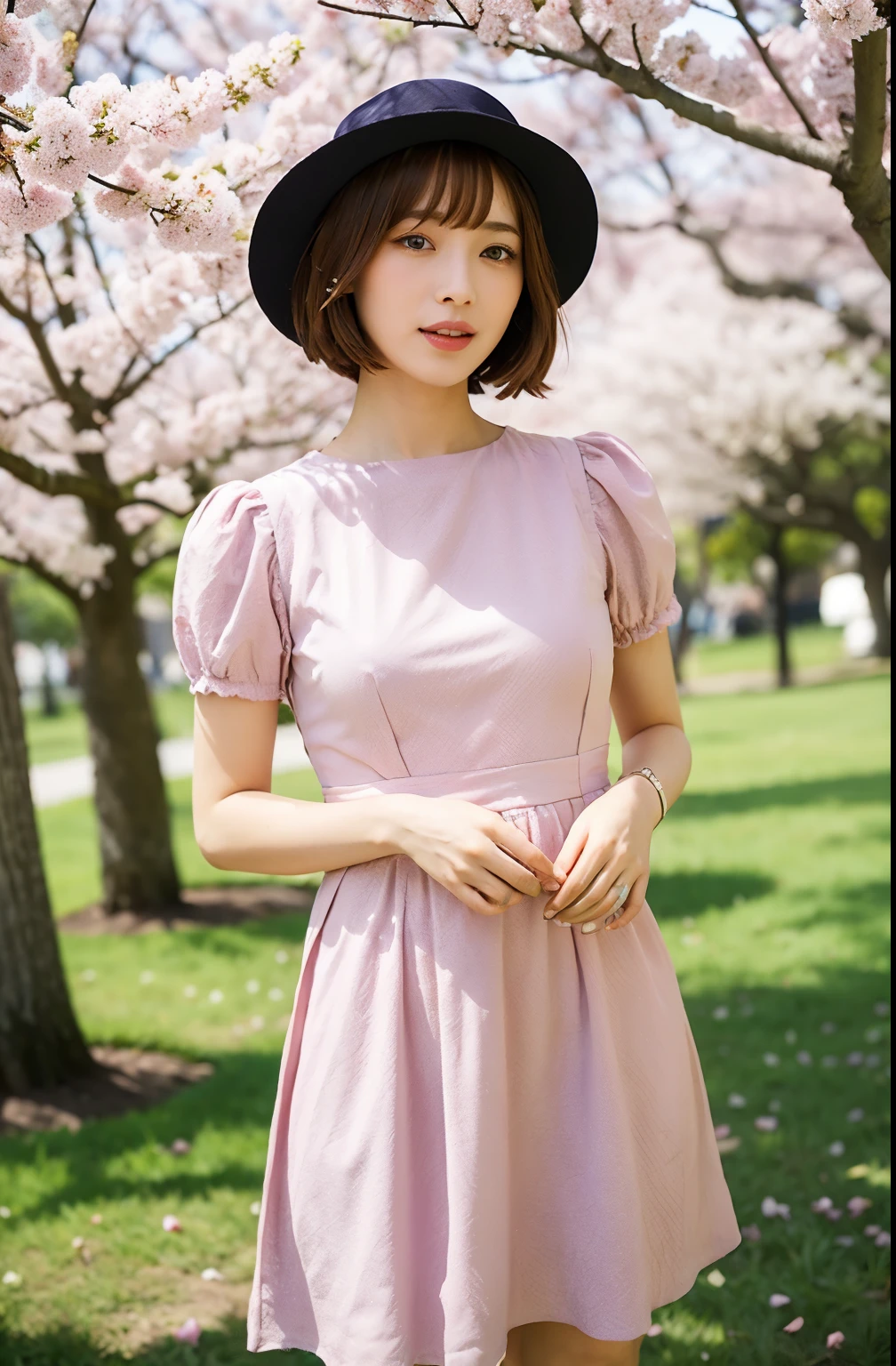 araffe woman in a dress and hat standing under a tree, under sakura tree, sakura season, sakura bloomimg, sakura petals around her, sakura season dynamic lighting, beautiful japanese girls face, by Ai-Mitsu, spring day, with short hair, sakura tree in background, blossom sakura, spring time, girl in flowers, cherry blossom