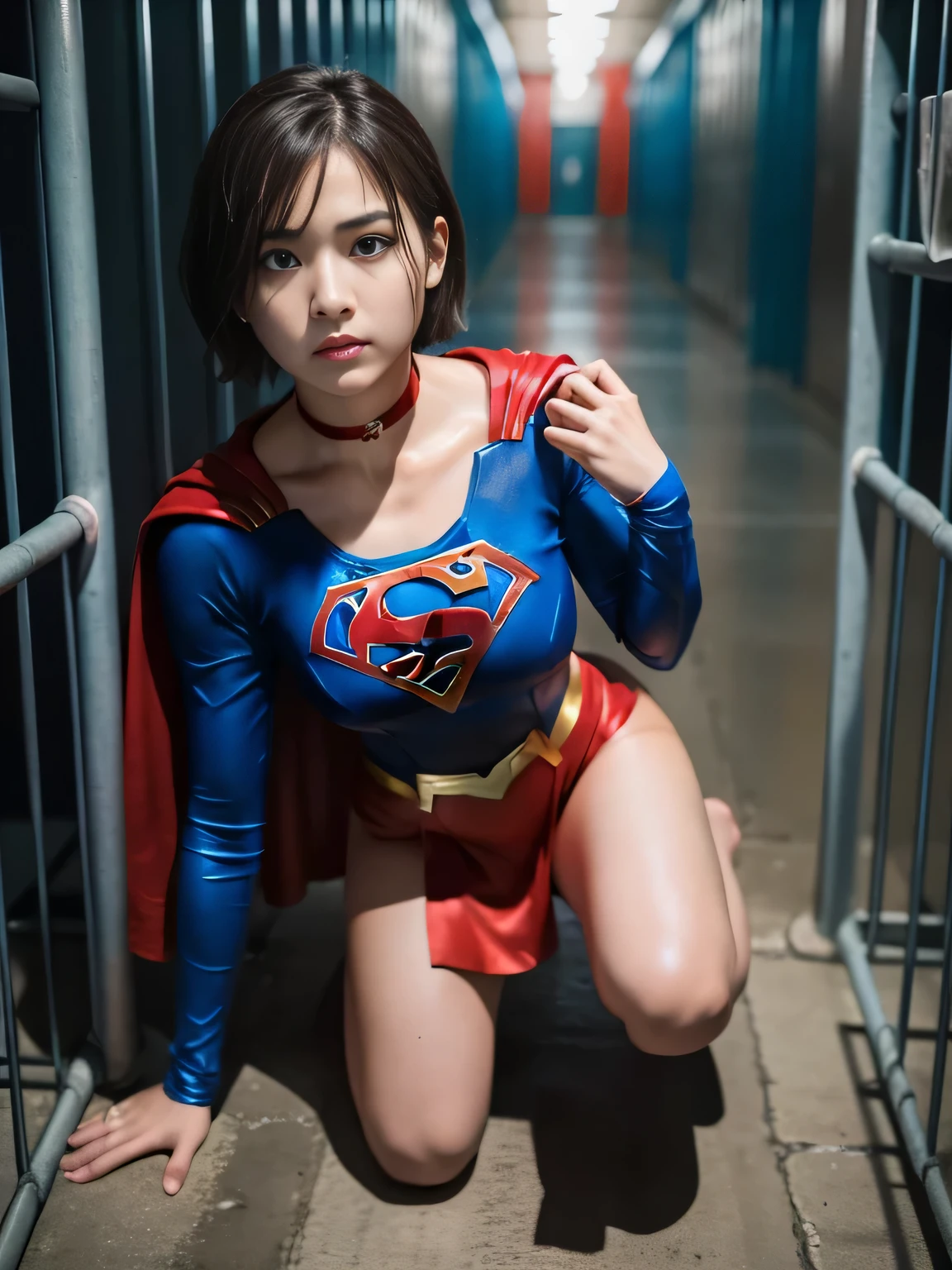 masterpiece、supergirl costume、short hair、barefoot、big and full breasts、rape、Crisis situation、prison、in a cage、insult、kneel down、sweaty、shiny、looking at camera、Seduce、choker、long sleeve、red sexy pose、POW camps、humiliating