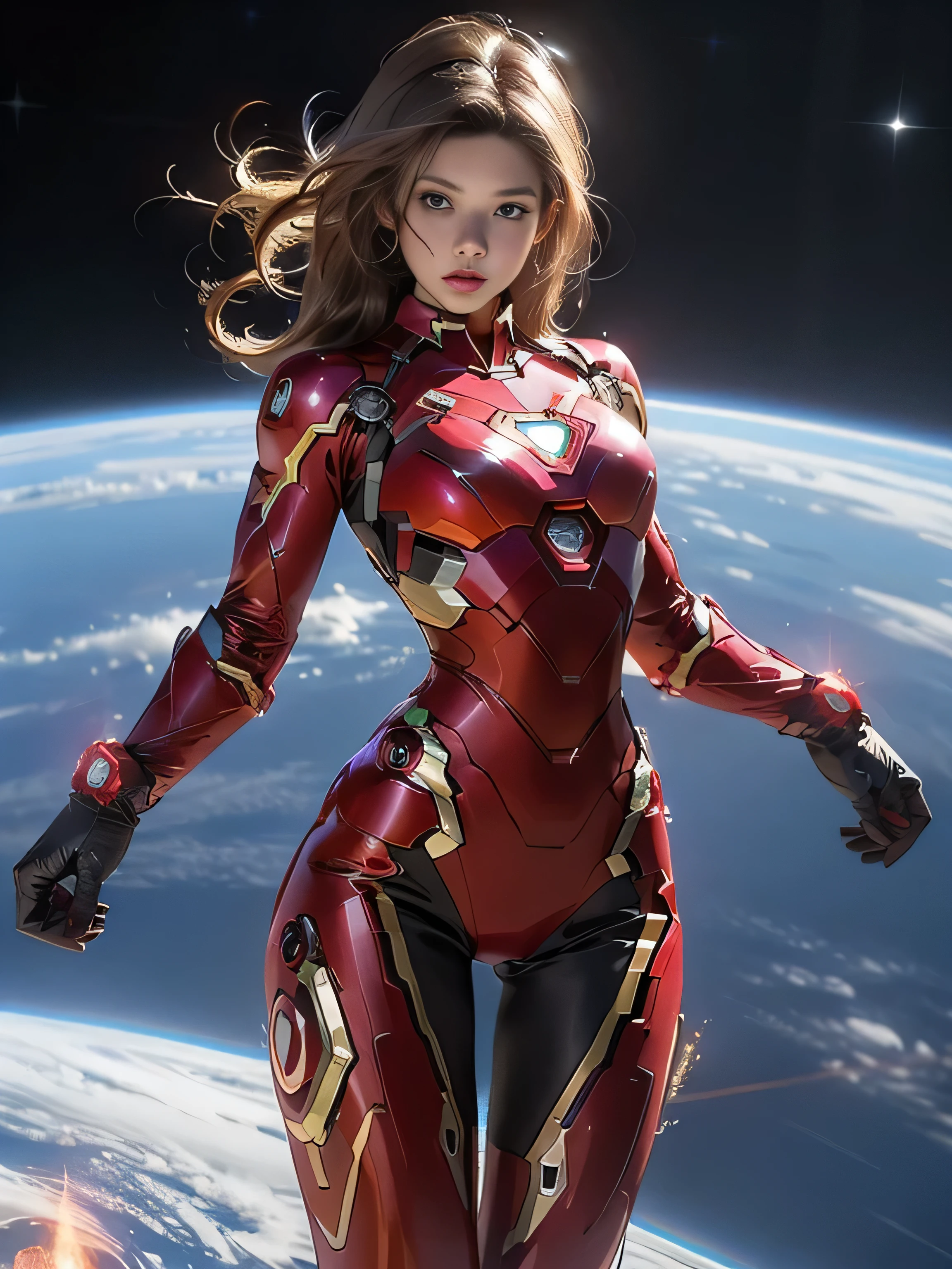 sandy hair muscular large breasts slender thighs slender waist Golden Ironman suit solo looking at viewer in space long hair blushing determination, Perfect Eyes, Full body Shot